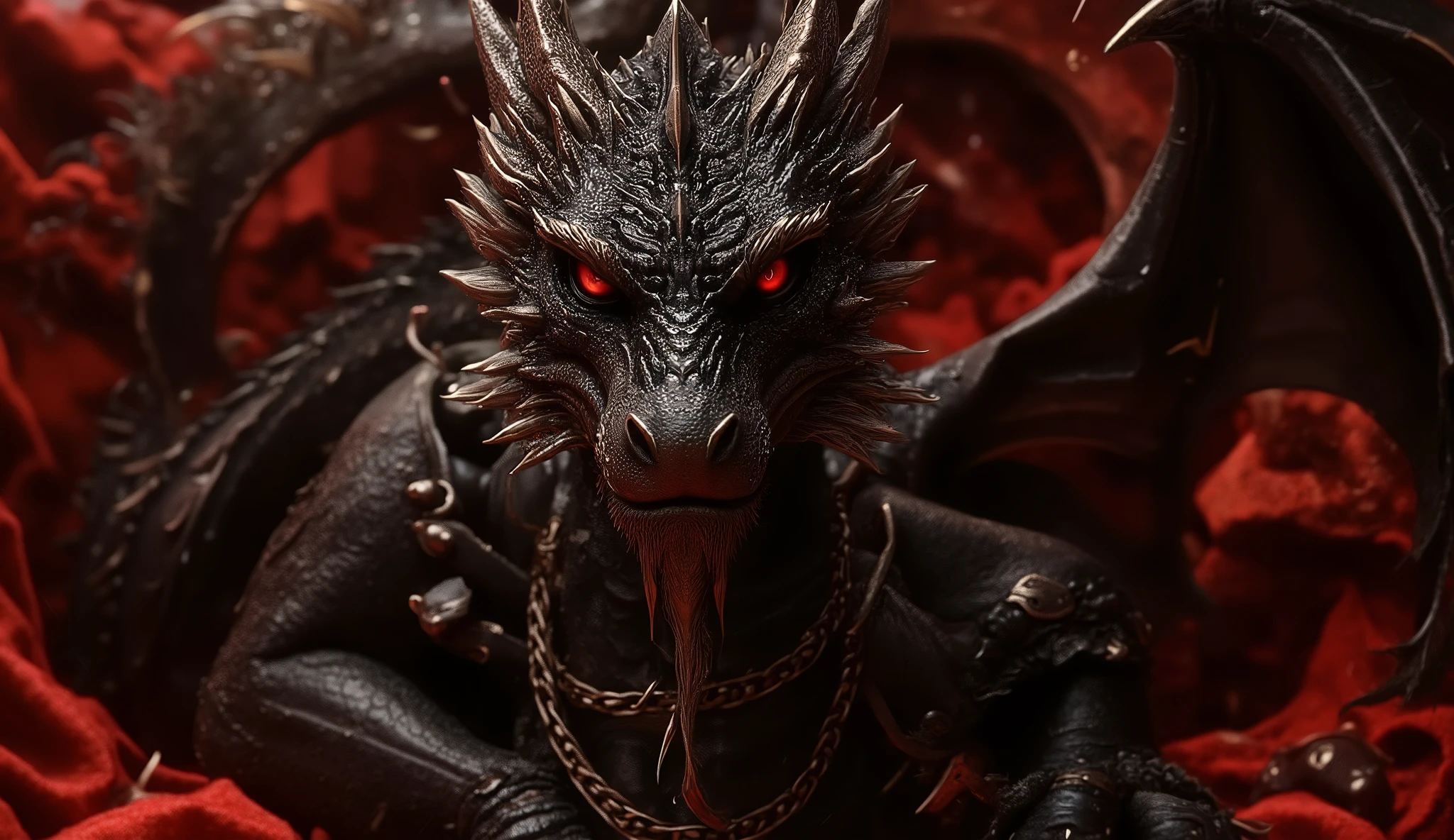 (best quality, 128k,highres,masterpiece:1.2),ultra-detailed,(realistic,photorealistic,photo-realistic:1.37), ((masterpiece)) ((photography)) ((Highest quality)) a unique and original dragon with a subtle BDSM aesthetic, its skin a mix of shiny black latex and textured leather, adorned with metallic accessories like chains, buckles, and rings, glowing red eyes, elegant yet intimidating design, standing in a velvet-red cave with soft luxurious textures, dramatic lighting and shadows, stylish and sensual atmosphere, fantasy-meets-fetish concept