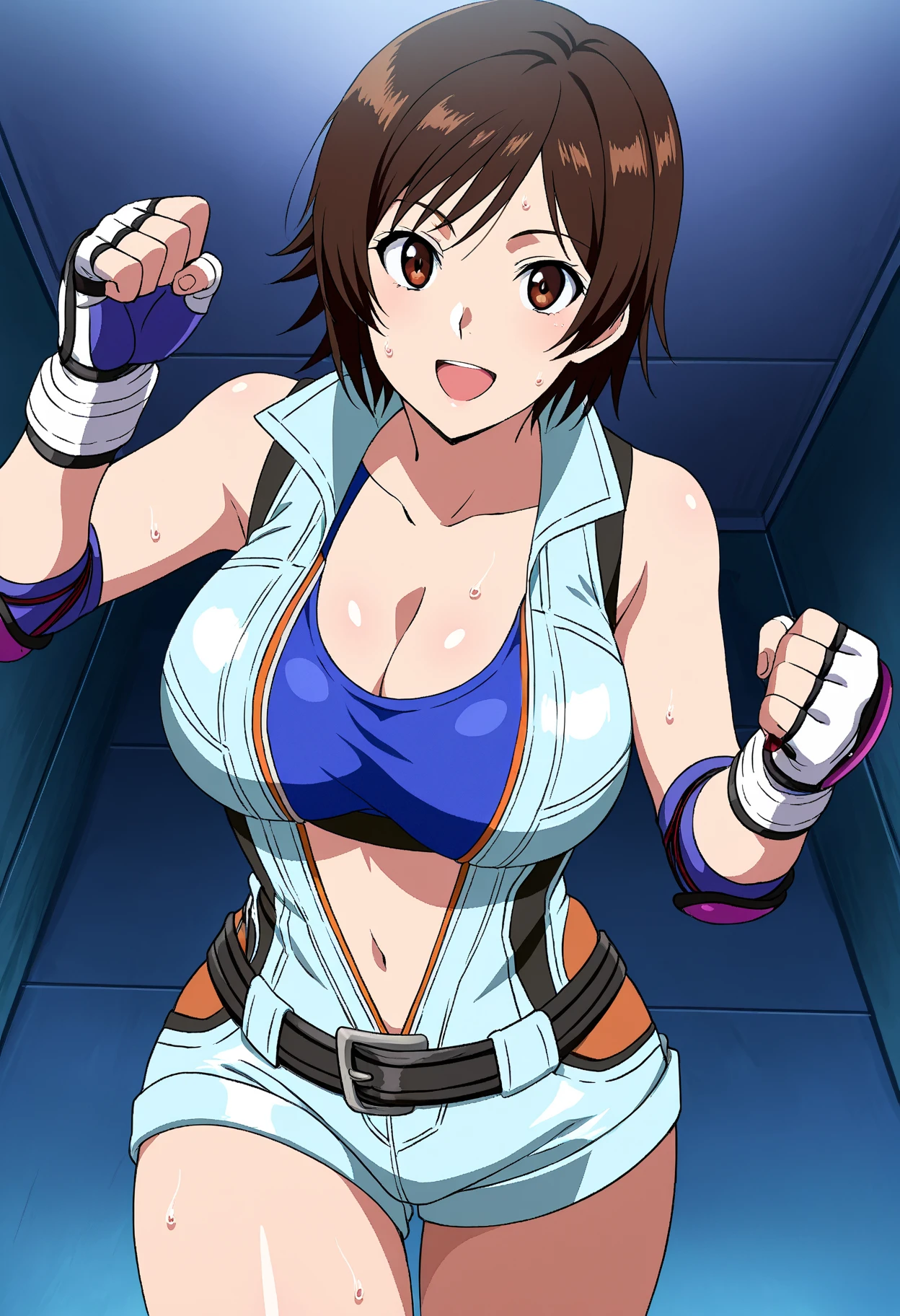 cowboy shot, anime style: 1.8, anime drawing, ultra detailed face, ultra detailed body, 4k, Sumergai Lee Noriega, (standing, hands on hips), best quality, anime style, hires, highest definition, digital blending, bold drawing lines, ((slender body, female wrestler), (location: wrestling arena, crowds watching), (slender body, broad shoulders), mature woman, ((black wrestling gear: leotard, boots, gloves, collar band, black gear)), victorious, gorgeous, winner, smile, (pale skin), (big breasts), (big eyes, brown eyes), (warming up), (brown, long hair), 27 years old,