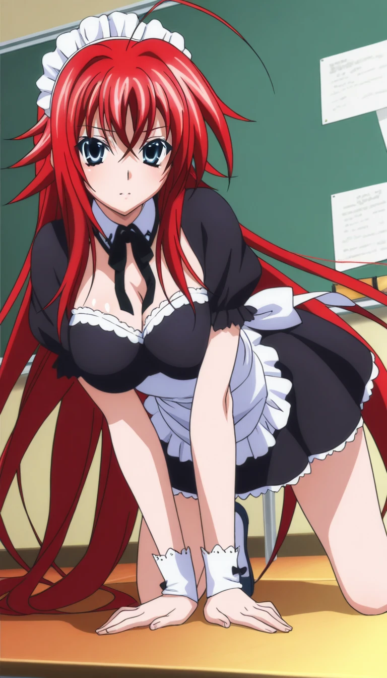leoleshea, 1girl, solo, long_hair, breasts, looking_at_viewer, smile, bangs, large_breasts, hair_ornament, dress, bow, ribbon, cleavage, hair_between_eyes, jewelry, closed_mouth, collarbone, jacket, full_body, hair_ribbon, yellow_eyes, ponytail, short_sleeves, hair_bow, red_hair, hairclip, indoors, necklace, black_footwear, bra, black_dress, kneeling, brown_footwear, green_bow, Rias Gremory