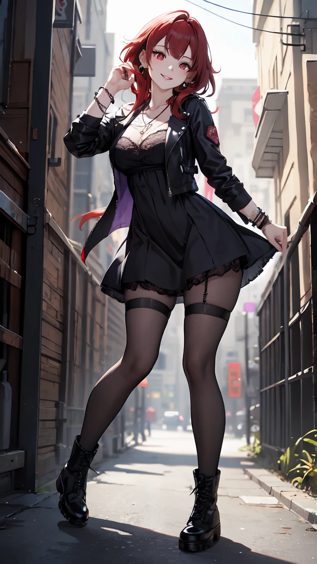glamour photo of a stylish mature female, in front of a (graffiti wall:1.2), wearing a (edgpshorts:1.2, leather jacket, leather belt, chain around waist, frills), (evil smiling), (8k, RAW photo, best quality, depth of field, ultra high res:1.2), (absurdres, intricate, photorealistic, masterpiece, ultra-detailed:1.3, cinematic lighting), shot at eye level, photography on a Fujifilm X-T4 with a 50mm lens, outdoors, modelstyle photography setting, <lora:edg_punkShorts_v10:1>, earrings, lace choker, gigantic breasts, cleavage, narrow waist, abs, long legs, slim legs, pantyhose, high heels, <lora:odaNonStyle-v1.5newcraft:0.0.2>,