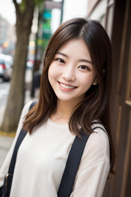 masterpiece,best quality,(Japanese ),((Beautiful girl)),cleavage,(perfect body beauty:1.2),(shy smile),beautiful teeth,(Blurred background of brick buildings),