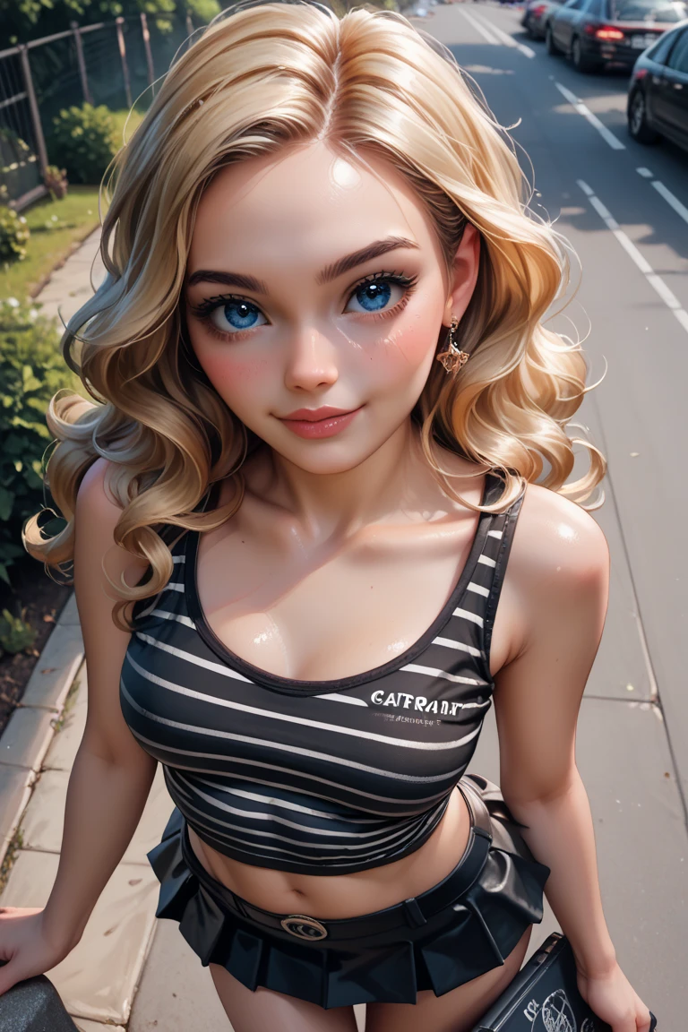 wide shot, (crop top tee shirt:1.1), (tone abs:1.0), (shoulders back:1.1), (looking at me:1.5) (Masterpiece, Professional lighting, 16k, 8k wallpaper, raw photo, photorealistic:1.8, ultra detailed, natural lighting, detailed skin, detailed face, detailed eyes), 1 beautiful playful girl, long curly blond hair with bangs, necklace, blue eyes, sexy gaze, (lips apart:1.2), (two front teeth overbite:1.0)