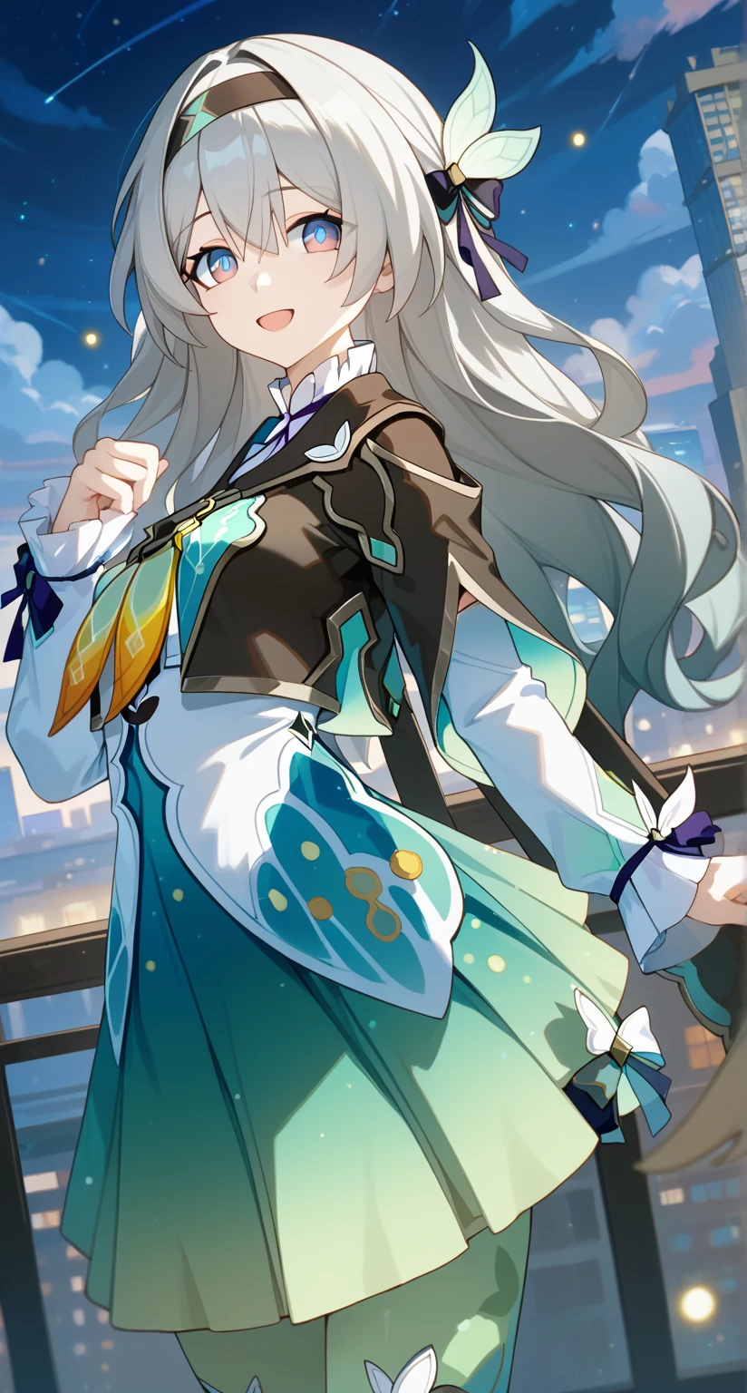 masterpiece,best quality,highres,ultra-detailed,glass cover,alternate color,score_9, score_8_up , score_7_up,dynamic angle,1girl,pretty,(Firefly,Honkai:Star Rail),grey hair,hairband,long hair,jacket,purple eyes,black jacket,white shirt,black hairband,hair between eyes, bow, long sleeves, hair bow,city,rooftop,night,night sky,happy,shiny beautiful woman,cinematic lighting,depth of field,looking at viewer,arms behind head,arched back,dynamic pose,