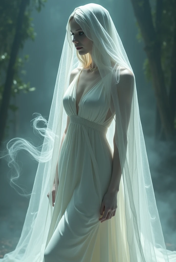 A hauntingly beautiful, ethereal white witch stands nude in the heart of an ancient forest, her ghostly form blending seamlessly with the misty, moonlit surroundings. Her pale, almost translucent skin glows softly under the faint light filtering through the dense canopy of trees, creating an otherworldly aura around her.
She is mesmerizingly beautiful, with long, flowing white hair cascading down her back like a silken waterfall, adding to her spectral allure. Her eyes, a piercing shade of icy blue, radiate both wisdom and an eerie, captivating power, reflecting the mysterious nature of her existence.
The contours of her slender, graceful body are perfectly defined, with every curve and detail accentuated by the interplay of light and shadow in the dim forest. The scene is alive with the quiet whispers of the wind and the rustling of leaves, enhancing the witch's connection to the natural world.
The forest itself seems enchanted, with ancient trees and creeping vines framing the witch, their dark forms contrasting with her radiant, ghostly presence. The soft, ethereal glow that surrounds her adds to the sense of mystique, making her appear both delicate and immensely powerful.
Captured in a full-body view, the witch's presence is both serene and awe-inspiring, embodying the perfect blend of beauty, mystery, and supernatural elegance."