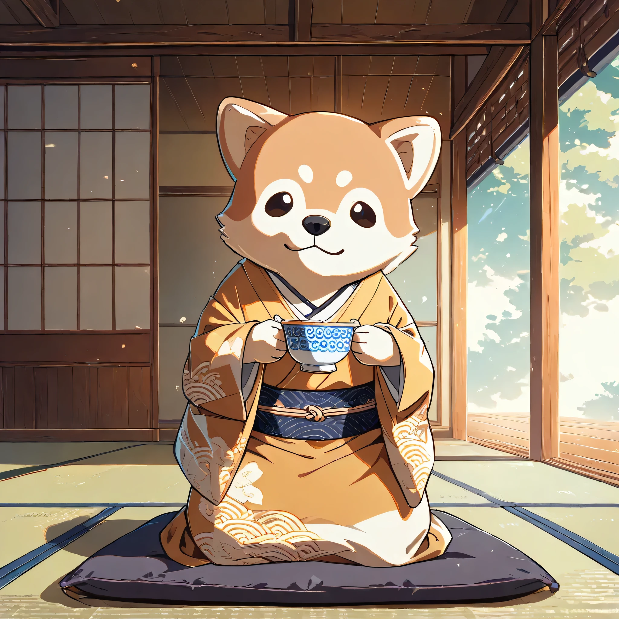 (masterpiece, best quality, ultra-detailed), an anthropomorphic Shiba Inu (stylized, semi-human), rounded face, small black puppy-like eyes, short light brown fur with white markings, symmetrical forward-facing ears, no bangs, no human hairstyle. Wearing a traditional Japanese kimono with subtle asanoha or seigaiha patterns. kneeling in seiza position, holding a traditional Japanese teacup with both hands gently in front of the chest, calm and content expression as if enjoying the tea they just prepared, natural human-like hands, inside a serene traditional tea room with tatami mats and shoji screens, gentle morning sunlight streaming in through the shoji, soft anime style, peaceful, friendly and loyal mood. Full body, 1:1 aspect ratio.

