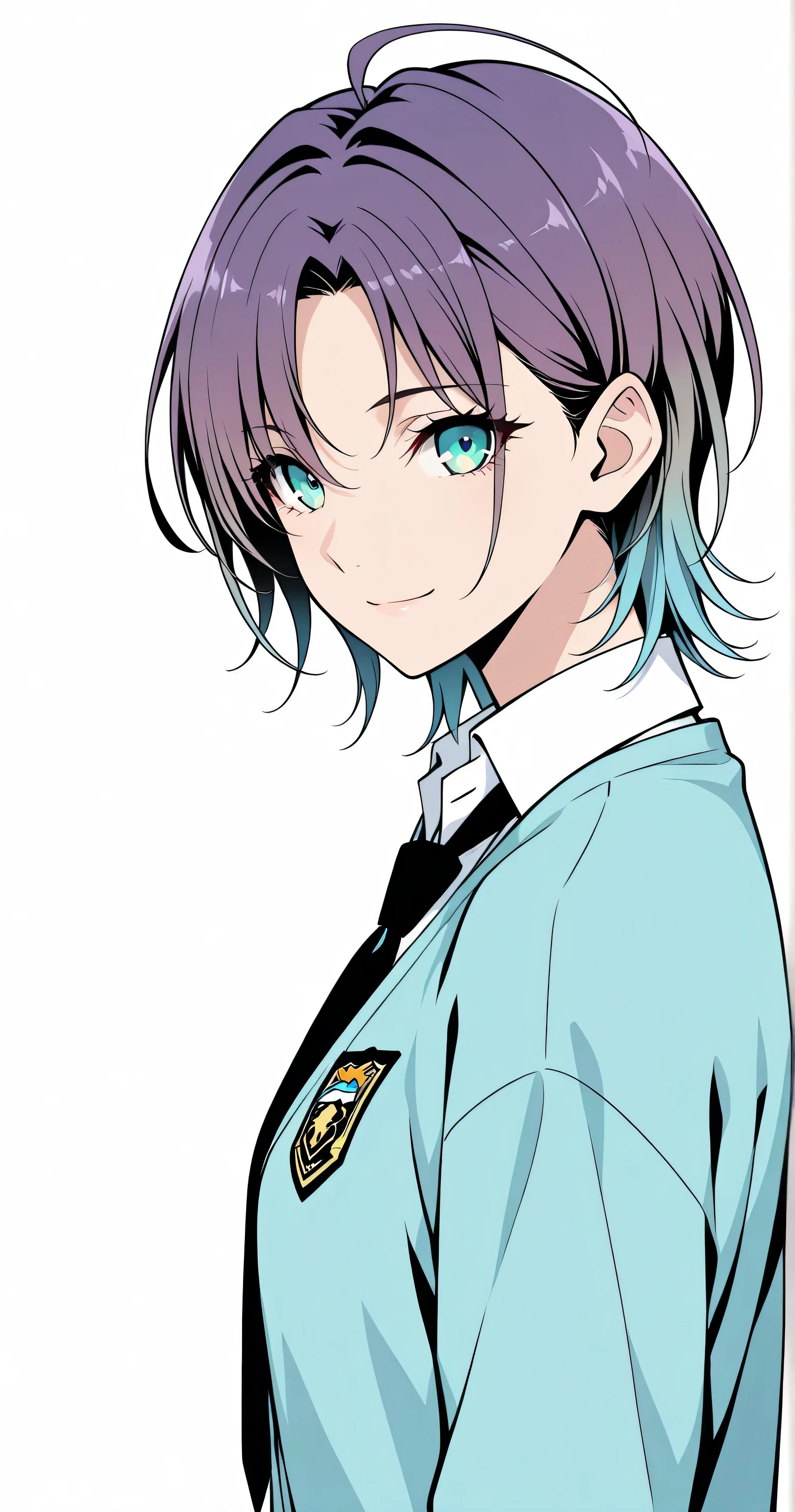 2Danime-style, Cell-shaded style, (flat color:1.3), Toru Asakura, t_asakura, upper body, side view, light smile, looking at viewer, flawless porcelain-like skin, dewy radiance, cinematic lighting, sharp focus, clear lines, crisp outlines, dynamic clean line art, fine contour lines, harmonized colors, vibrant colors (1.5), ultra-detailed, detailed aqua eyes, intricate irises, beautiful eyes, ultra-detailed eye contours, short choppy messy pixie cut purple hair, parted bangs, gradient hair, blue hair, multicolored hair, ahoge, glossy highlights, silky smooth hair, delicate strands, slightly messy hair (1.1), black necktie, white shirt, soft light blue cardigan, school uniform, arms relaxed by sides, gentle posture, simple background, highly detailed face, flawless skin, youthful, natural elegance, perfect anatomy