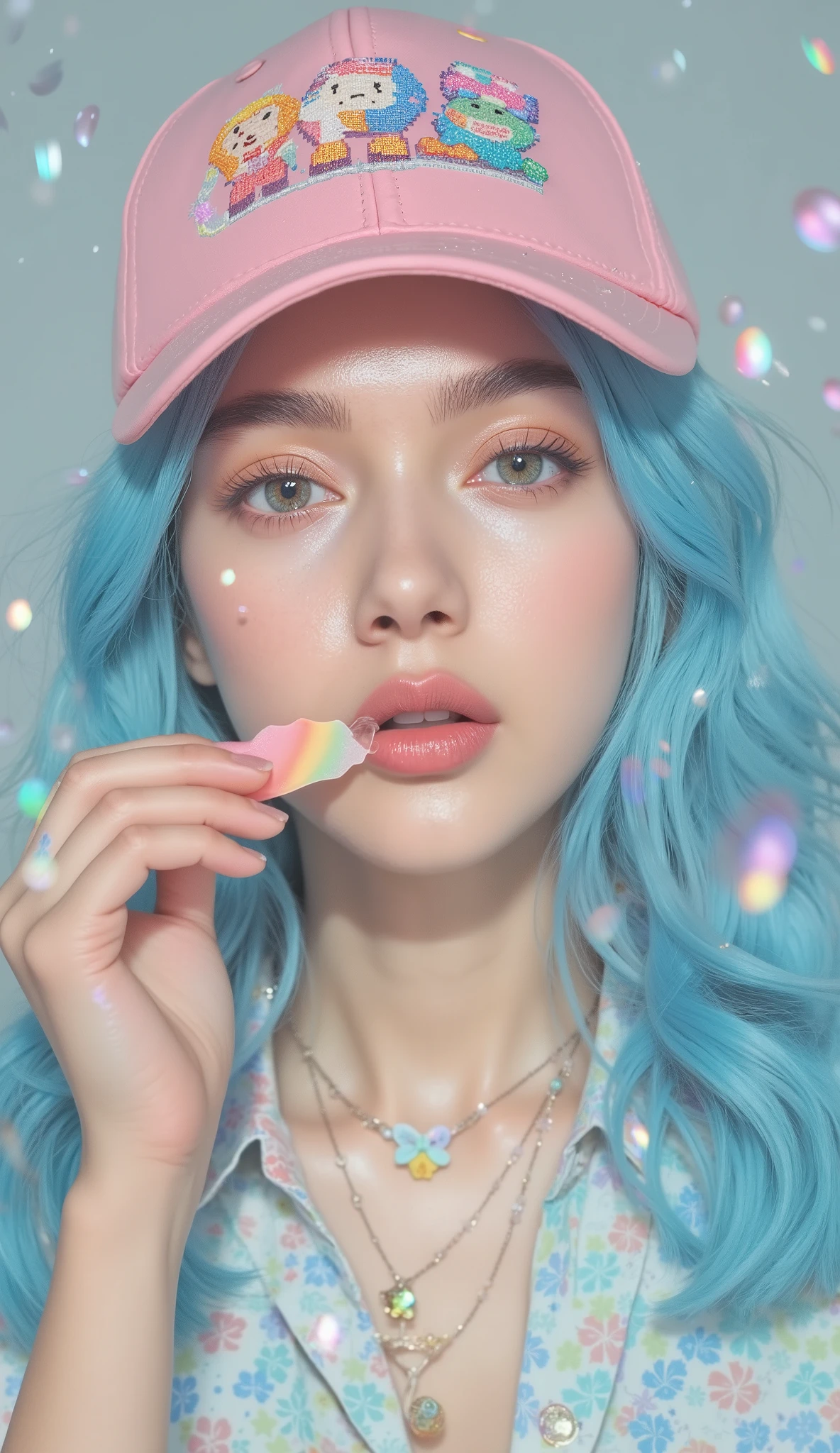 8k, masterpiece, highest quality, Korea's Beautiful Women, Young person with cyan blue pigtails, a pink baseball cap with cartoon characters, a pastel shirt, and pastel necklaces, holding a candy, cosmetic makeup trendy outfits like kawaii, y2k hairstyles and styles.