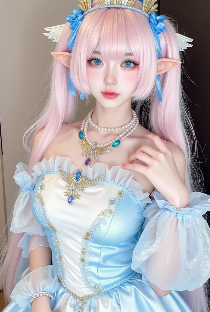 1 cute elf race. sexy girl (18yo) glasses, dark eyes, upper body, slim waist, natural medium breast, sexy pose, seductive expression, bangs, random hairstyle, cleavage, navel, collar, collarbone, off shoulder, seductive smile, wear intricately detail hot and sexy outfit, angel costume, white and pink color, wear unique helmet, random light color, upper body. flat gray color for background