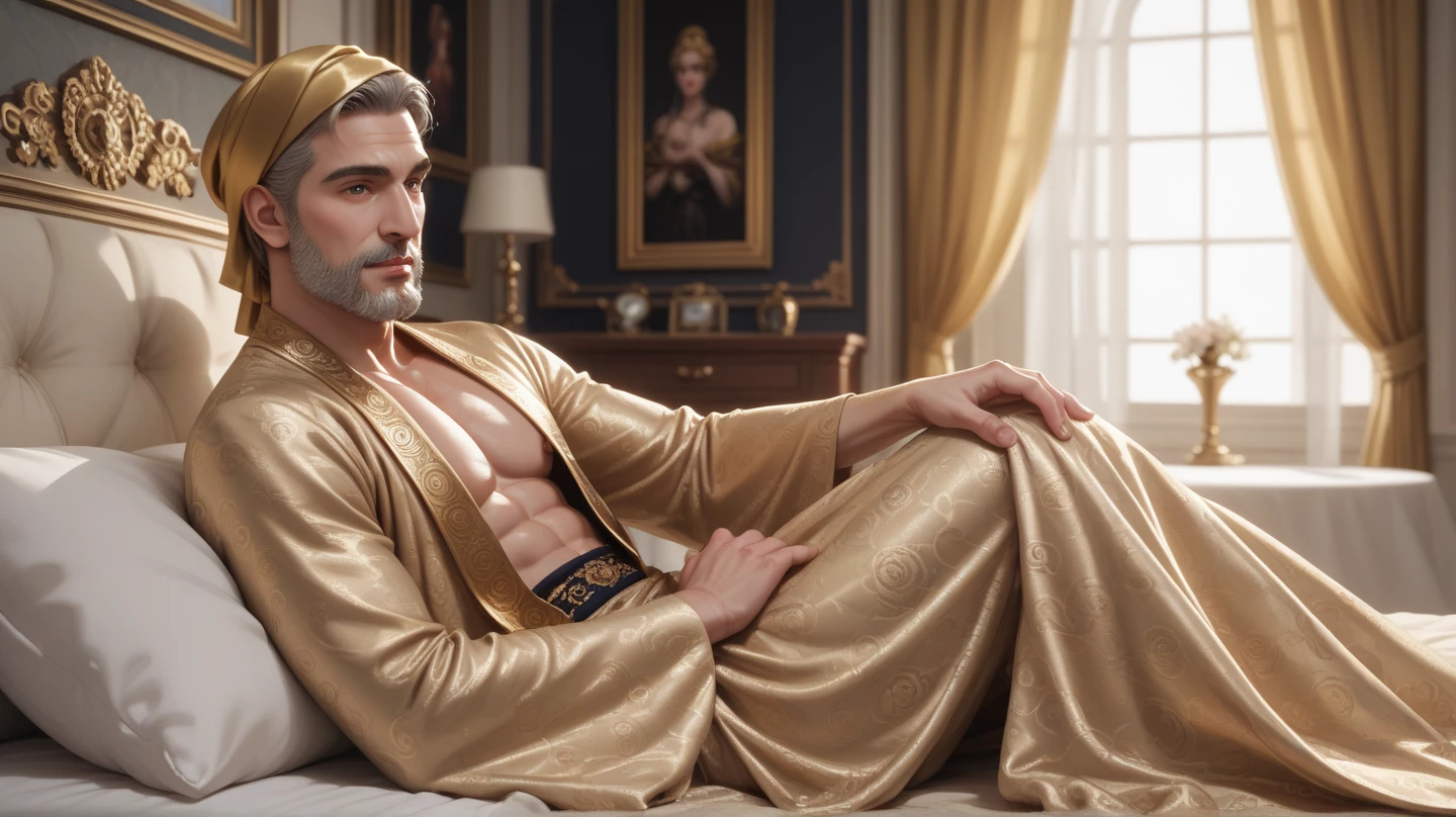 "Emperor Constantine the Great, the Roman Emperor Reborn in the Modern Era. Matured male(34 years old). Soft and lustrous hair, robust physique. Kind and gentle. Exhibits a warm smile and a magnetic charm while emanating the aura of a formidable ruler. Always keeping a watchful eye on his beloved woman. Located in the lounge of a luxury hotel, where he leisurely reclines. The spacious lounge overlooks the night view of Istanbul through large windows. The ambiance is opulent and indulgent. His demeanor is graceful and elegant."