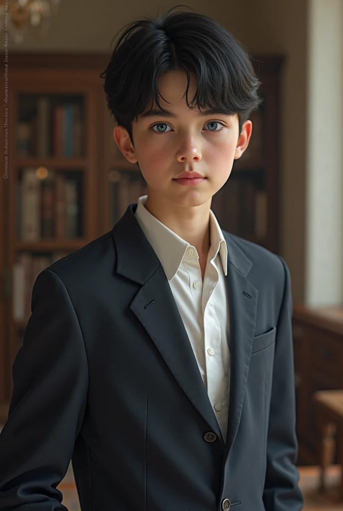 a beautiful boy, 9 years, very fine European features, Brown hair, blue eyes, very formal London clothes, sad look, peaceful look.