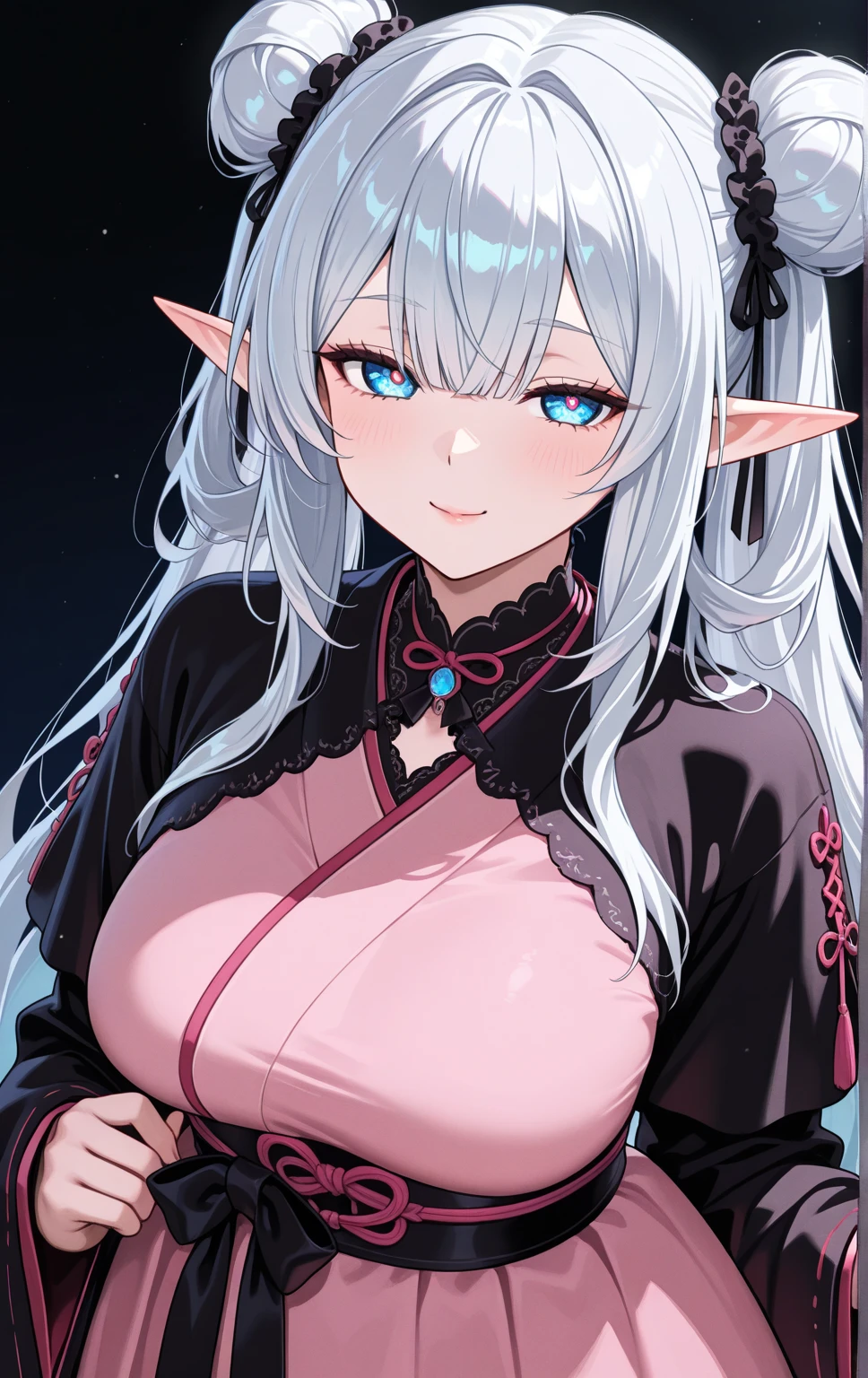 masterpiece,best quality,highres,ultra-detailed,aaloo,long hair,two side up,bangs,hair ribbon,(black hairband:1.2),breasts,<lora:loo:0.6>,bare shoulders,china dress,chinese clothes,short dress,cleavage cutout,sideboob,thighs,hands_on_hips,furrowed_brow,indoors,