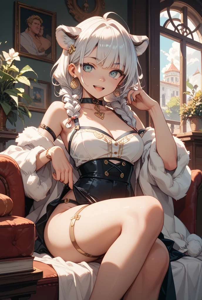 ((masterpiece)),(best quality), ((extremely detailed CG unity 4k wallpaper)),(cinematic lighting), (an extremely delicate and beautiful evil girl:1.3),face, fixed eye, hand fixed (++silver hair++), pink eyes, long hair, jewelry,earrings, :d, maid, labrynth,
Large breast ,(Crystal chandelier), horn ,indoor ,view from above, hand over lab, sitting , crossed leg in detailed, all body , leg fixed, shenhedef, shenhernd