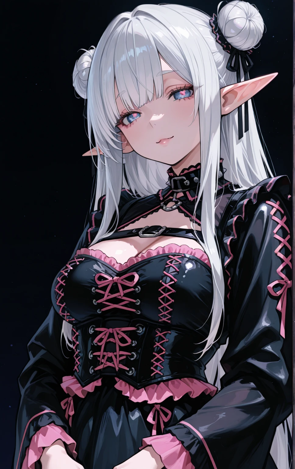 (masterpiece, top quality, best quality, official art, beautiful and aesthetic:1.2), ((dark elf)), ((1girl)), extreme detailed, (fractal art:1.3), colorful,highest detailed, Cowboy shot, from above, art by Artgerm, by wadim kashin, by Kawacy, by Yoshitaka Amano, BREAK, (dark elf), (1girl), solo, perfect face, details eye, Blunt bangs, Blonde white hair, (hair between eye), eyelashes, eyeshadow, pink eyeshadow, (dark skin:1.3), glaring, smile, Head tilt, BREAK, corsages, jirai kei, (jirai kei fashion:1.1), Frills, Skirts, Various accessories, (ear piercing), punky style, Japanese subculture, fashion, Stockings, colorful, (Dark circles:1.2), Cinematic lighting