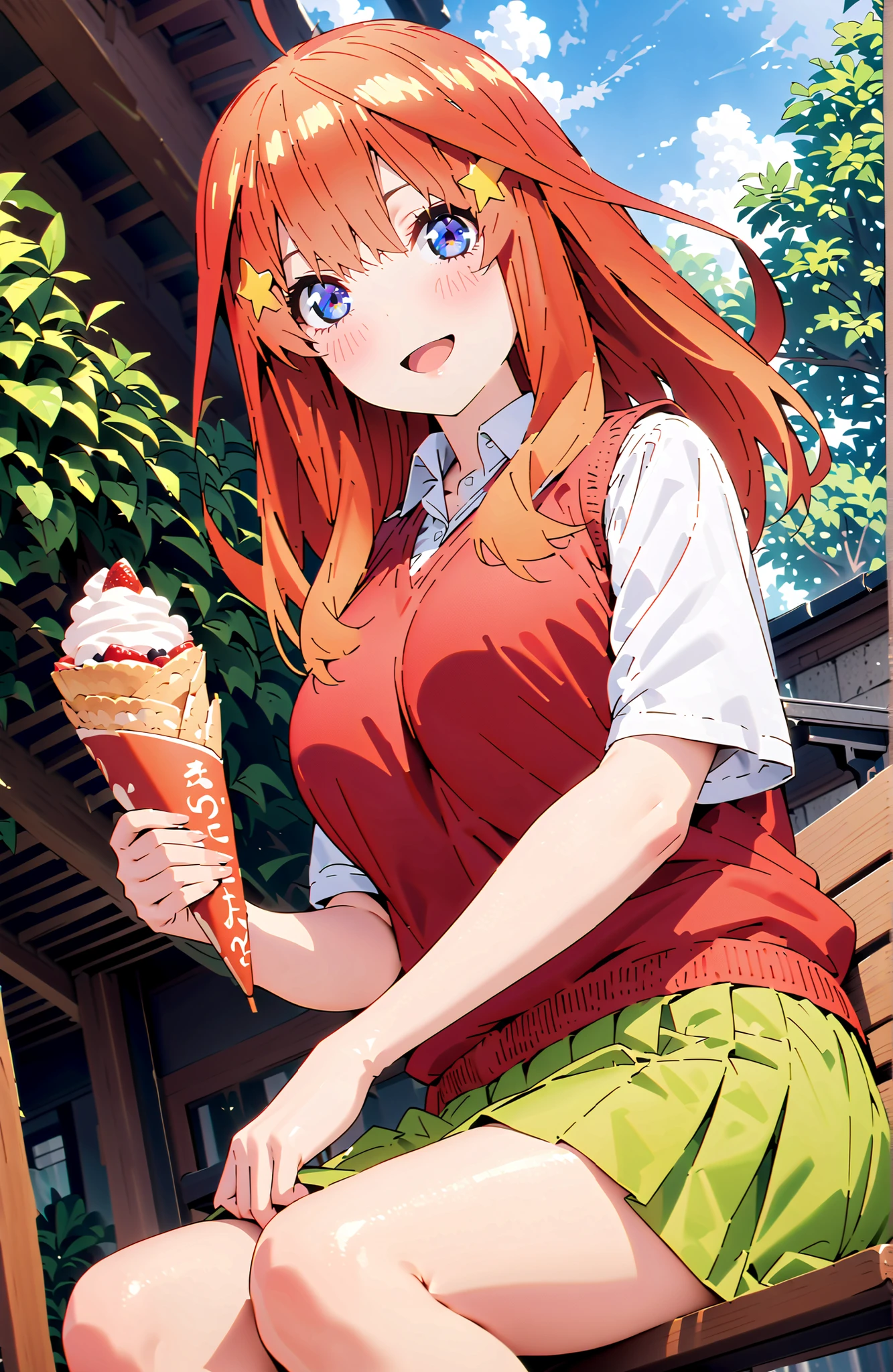 Nakano Mizuki , bungs, blue eyes, o, stupid hair, red hair, star \(symbol\), yellow hair accessories, star ヘアアクセサリー,black rimmed glasses,smile,blush,open your mouth,Big Breasts,
in their 40s skirt, shirt, uniform, clavicle, white shirt, Short sleeve, pleated skirt, socks, collared shirt, Mini Skirt, 白色ハイsocks, (green skirt:1.5), sweater vest, (red sweater vest:1.5),loafers,student bag on the bench holding a crepe in one hand,sitting on a bench,noon,1:1 is placed,angle from below, Beautiful Streetscapes,noon,angle from below,full bodyがイラストに入るように,
in their 40s indoors,garden,
in their 40s looking at viewer, full body,
in their 40s (masterpiece:1.2), Highest Quality, high resolution, Unity 8k 壁紙, (illustration:0.8), (beautifully detailed eyes:1.6), A very delicate face, perfect lighting, Highly Detailed CG, full body写真,(perfect hand in h, Completed),