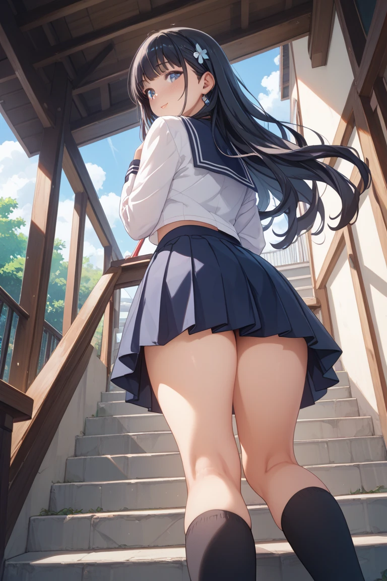 ((Highest quality)), ((masterpiece)), (High resolution), 8k, Best Shadow, The best natural light, Cinematic, (Two adult women climbing the stairs side by side), (Brown Hair, ponytail)、Looking back, bashful、Sailor collar、Fashionable white shirt、Sailor suit、Navy Pleated Skirt、(Navy blue socks)、((Rear view))、Angle from the rear, Navy blue socksにクローズアップ、Manga panel layout、Cartoon style、Manga Design、Station stairs、On the way to school, (The wind is blowing up from the ground, flipping up her skirt and revealing her panties:1.4), (Stylish light blue satin panties:1.4), Slender body,Beautiful thighs, Embarrassed look, Iori, Perfect lighting, Perfect Shadow, Exact number of arms, Exact number of legs, Perfect Anatomy, Exact finger count、Exact number of legs、(Exact number of arms:1.0, Exact number of hands:1.0), (Perfect hands, Perfect Anatomy)