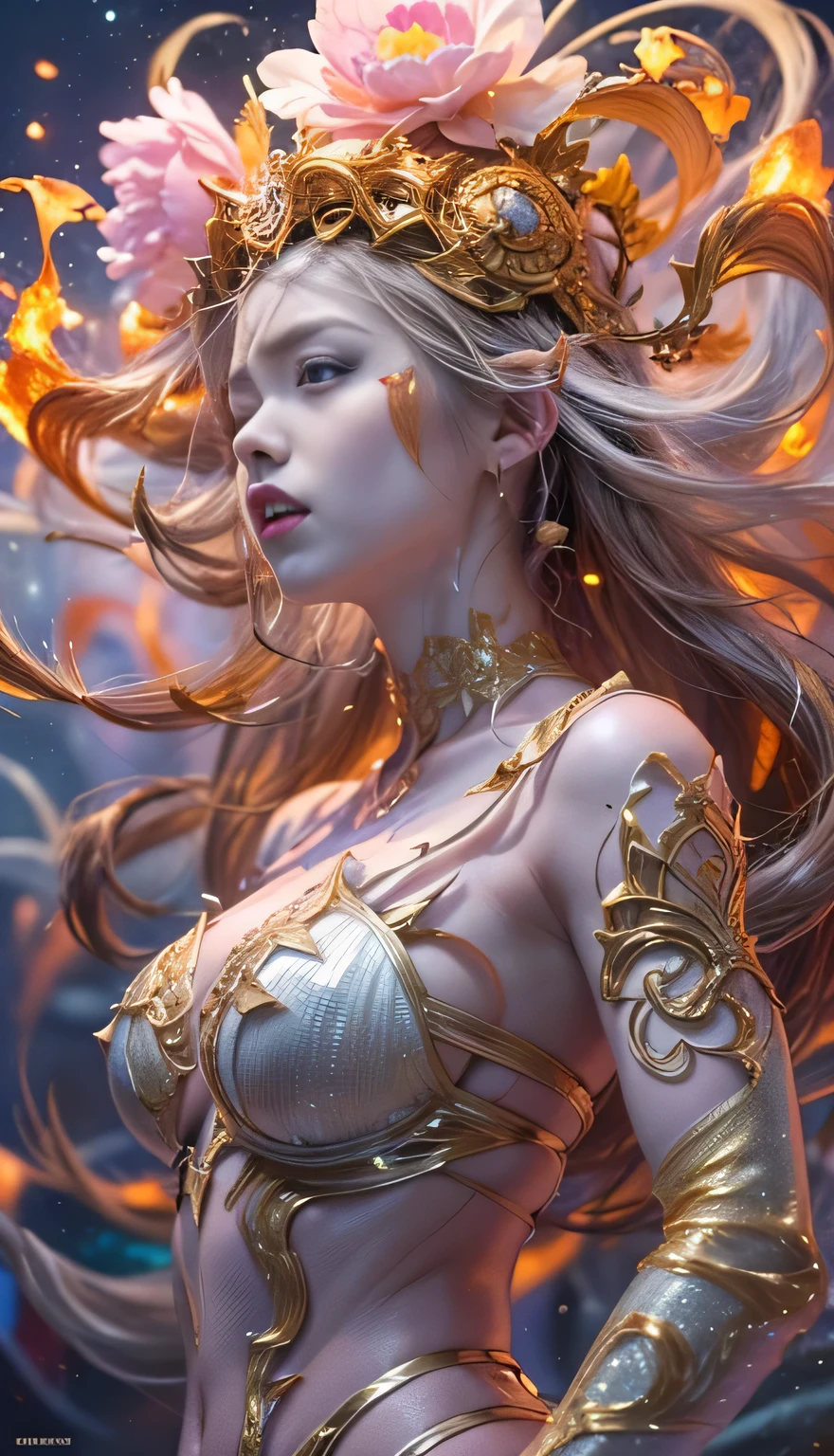 1girl, breasts, blonde hair, long hair, standing,upper_body,evening_dress, solo, jewelry, large breasts, ((black)) evening_dress, necklace, braid, cleavage, chain, plunging neckline, armlet, lips,look_at_viewer,arms behindback,((yellow_scattered_leaves)),((hyper_galaxy)), gothic castle
