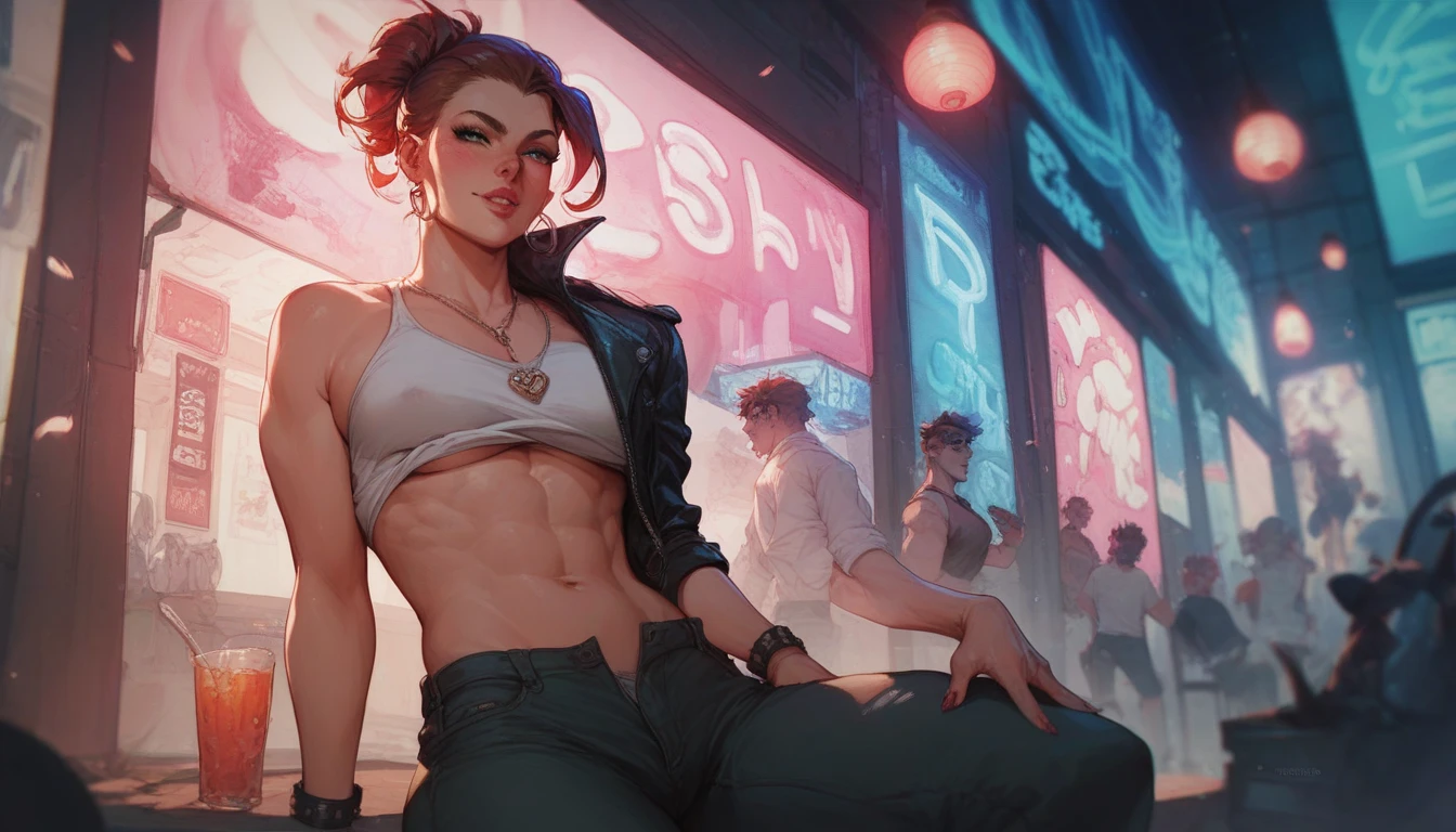 Sexy Japanese girl with ponytail, transsexual, cock girl, wear tight black shorts, with big hips, surrounded by two guys, all with noticeable bulges in their shorts, very detailed, photorealistic, 8 K, hyperrealistic, complex parts, cinematic lighting, Dramatic shadows, chiaroscuro, vibrant atmosphere, bright colors, big bulges in shorts (erection), busy street, smokes a cigarette, cigarette in mouth, A provocative look, dick in shorts