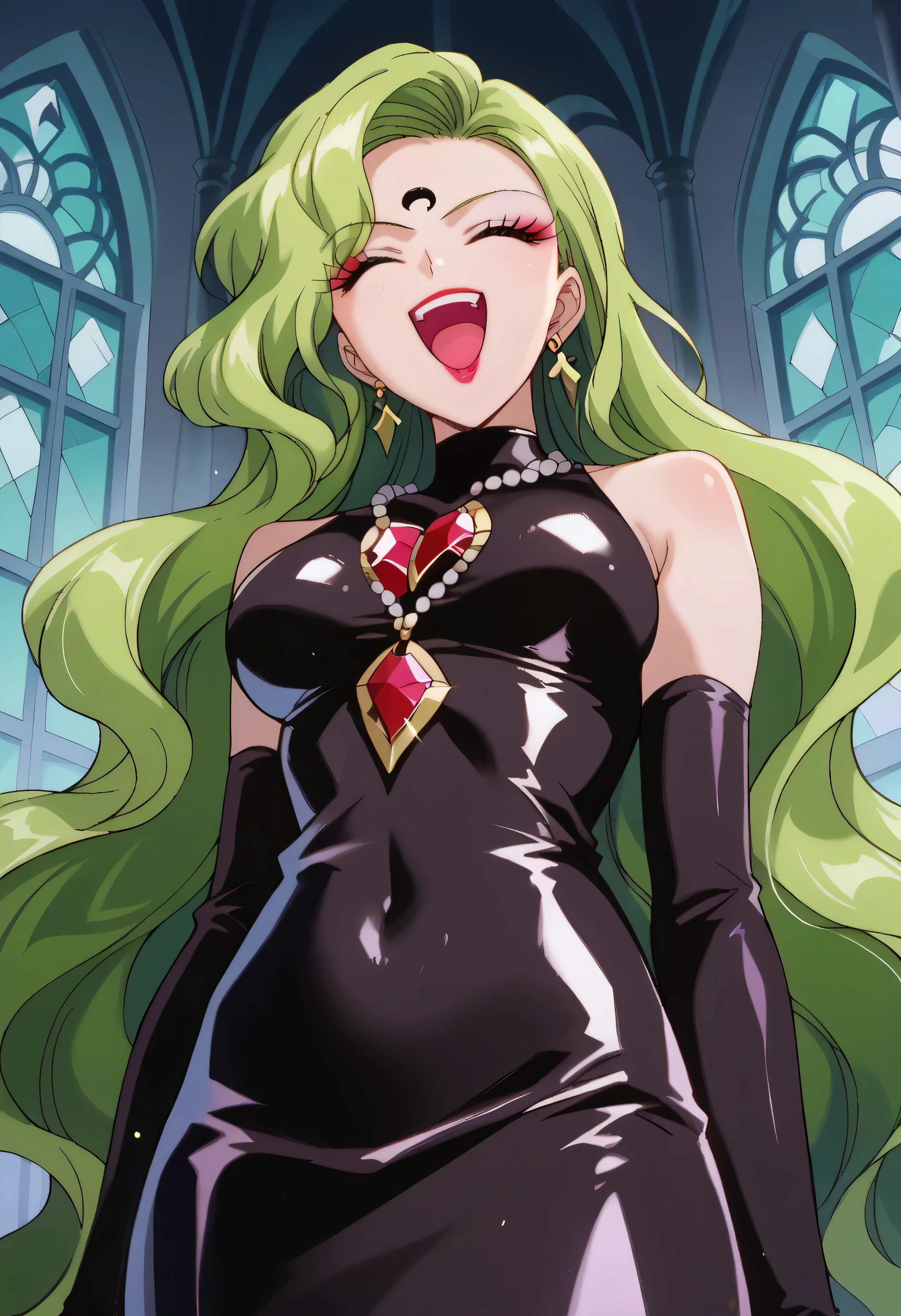 cc, solo, long_hair, , looking_at_viewer, smile, green_hair, large_breasts, gloves, dress, cleavage, bare_shoulders, sitting, very_long_hair, yellow_eyes, collarbone, choker, elbow_gloves, crossed_legs, head_rest, black_dress, fishnet_stockings, throne, high_heels, from_below, shoe_soles, full_body, close-up, pov