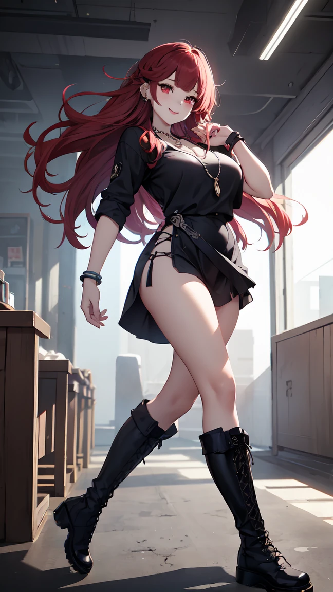 best quality, masterpiece, (large breasts:1.2), long red hair, black thighhighs, (micro skirt:1.1), (full body:1.4), midnight, perfect anatomy, no bra, t-shirt, (high heels like sneakers:1.4),