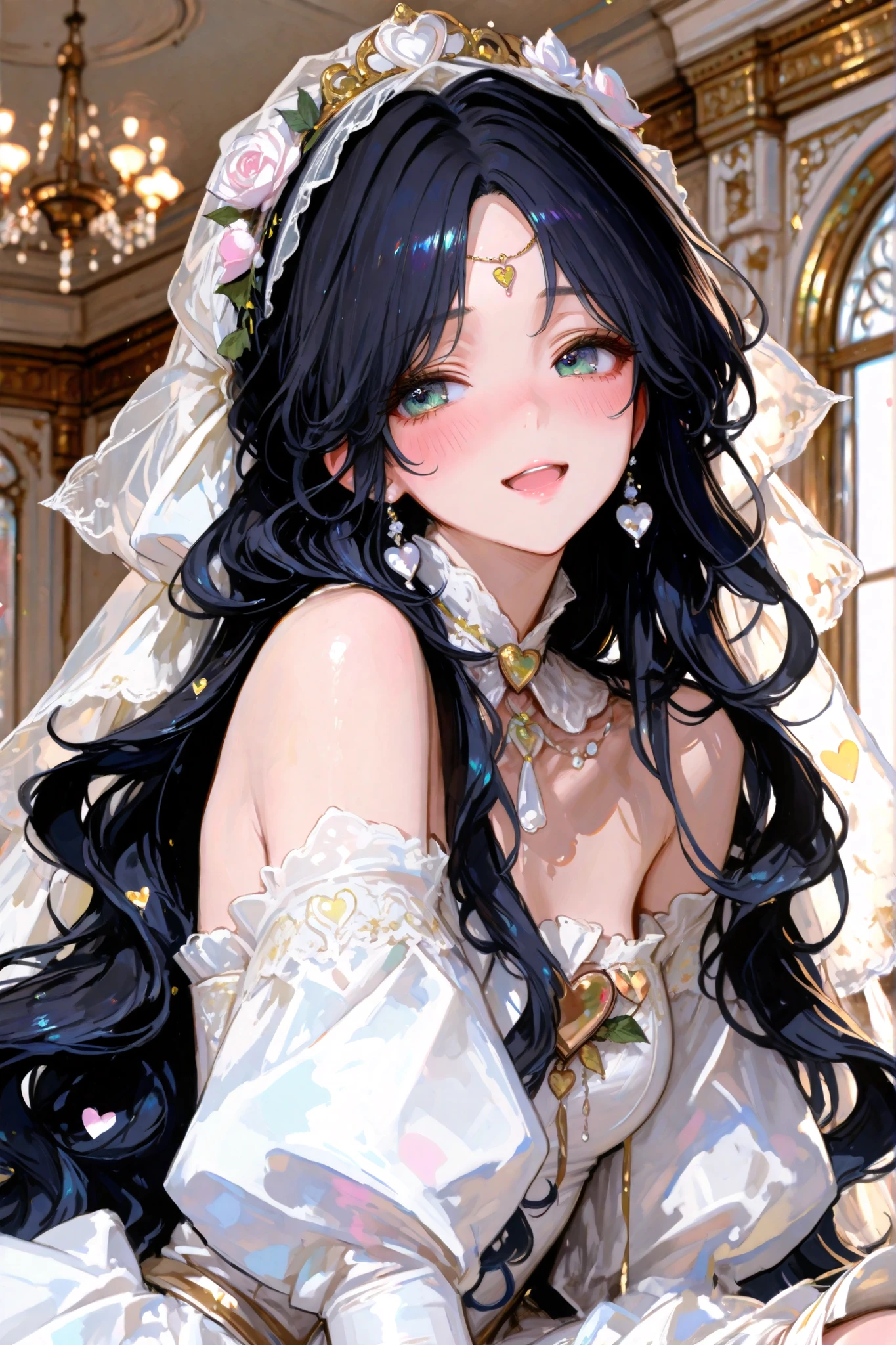 1 beautiful femal, The female is a 30-years-old full black hair styled in ((long hair and wavy hair)) and (((curtained bangs))). Her eyes are beautiful a mix of cyan blue gradation, she wear romantic wedding dress with gold and white, the veil is white color with heart shape, silk high hills, background is wedding hall with lovely decorations, looks an happy expression with blush, romantic, lovely, happy, Their faces are highly detailed and expressive, capturing the emotions of the moment.
Additional details: very detailed, 8k, ultra HD, cinematic lighting, depth of field, realism-style rendering, vibrant colors, dynamic composition.
