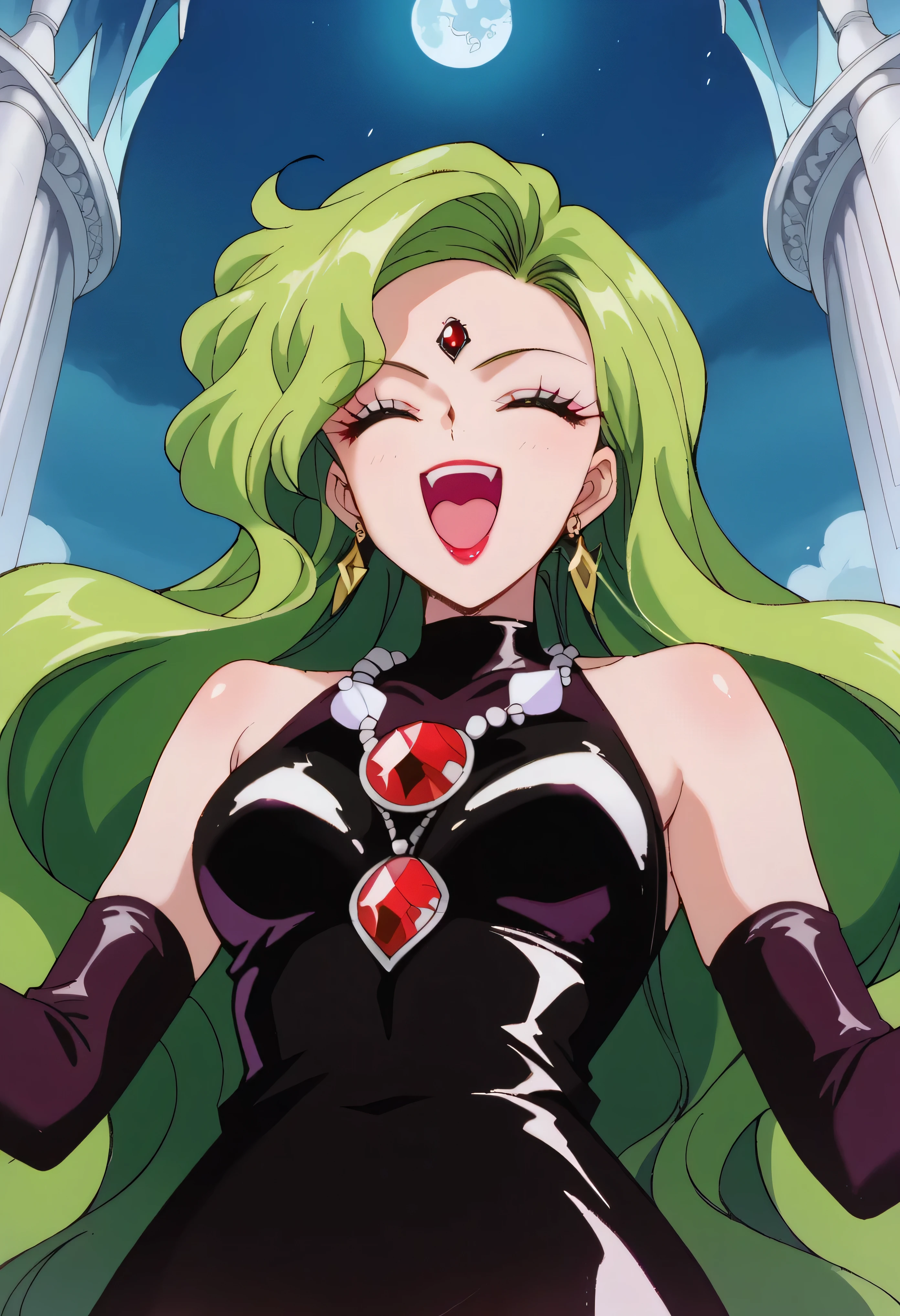 1 woman, beautiful face above the castle gate, green hair, very long hair, wavy hair with a graceful expression, LATEX ONLY , latex black gloves, red lipstick, makeup, elbow-length gloves, eyeshadow, bare shoulder,shiny latex black dress, gemstone necklace that crosses the see-through,huge purple crystal,earrings, , (evil magic:1.5) go up and open your mouth wide ,、Self-conceit,from below,Looking Down at Viewers,(laugh:1.9),Anime Coloring,The black crescent moon on the forehead,young lady pose,(dark aura:19.)