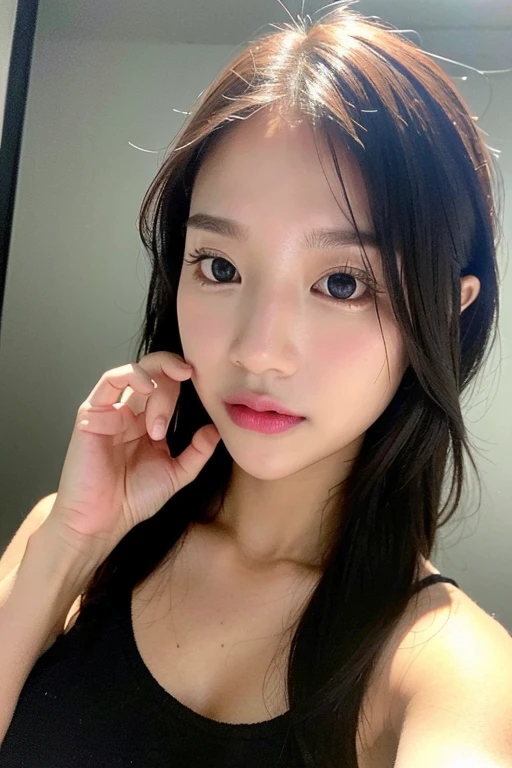black eyes, black eyes wide open, girl with dark eyes, pupils dilated, light in the eyes, highest quality, photorealistic, 8K, high resolution, full color, 1 girl, woman, 15 years old woman, detailed beautiful face, Beautiful skin, fair skin, looking at the viewer: 1.8, (1 girl eyes looking at the viewer: 1.55), face, T-shirt, slender