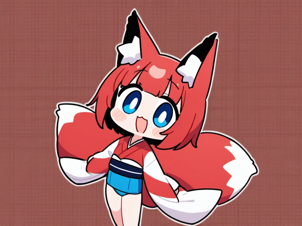 1girl with long red hair, amber eyes, fox ears, slender body, ,fox tail, nude, smiling, chibi style, simole background