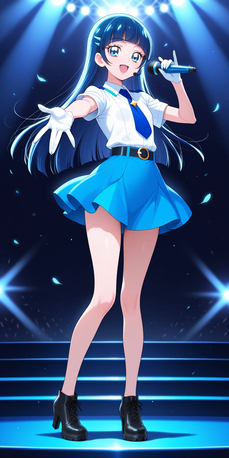 whole body, black hair, long hair, forehead, pinned, light blue skirt, skirt that covers the knees, short sleeves, Ribbon around the neck, loafers, Idol, pose, I can see my shoes, White Socks