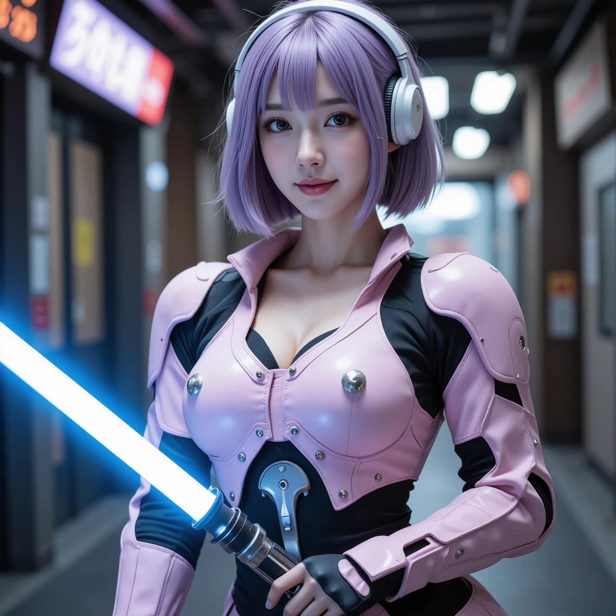NSFW, (Highest quality), (Ultra-precise CG 16K wallpaper), (Realistic), (High saturation), (Sharp), Beautiful detailed shading, Beautiful natural lighting, Beautiful detail glow, Natural light, Depth of field, (Mature 24-year-old woman, One person), (Beautiful Japanese face with golden ratio), (Straight bob hairstyle with bangs), (Shiny light purple hair), (Sparkling eyes), (C cup size breasts), (Cleavage), (Beautiful breasts), (Beautiful legs), (Beautiful skin), Beautiful proportions, (Late afternoon), (Woman smiling with mouth open: 1.2), (The woman is looking at me), (Woman is wearing pink mechanical armor), (Wearing white headphones and a blue glowing lightsaber), (Pose holding a lightsaber), (Wide underground passage), (Full screen image), (Shot of woman from head to waist), (Image of woman seen from diagonal front), (Woman standing in underground passage),