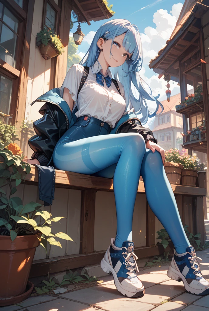 spread legs standing,blue hair,blue eyes