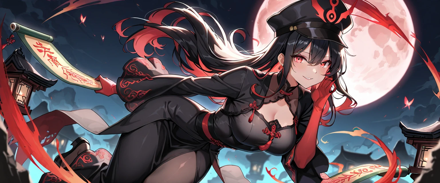 masterpiece, best quality, highres, aayorf, sidelocks, gold hairband, hair ornament, red eyes, gold earring, medium breasts, choker, bare shoulders, black dress, two-sided dress, fingerless gloves, thigh boots, cowboy shot, bent over, looking at viewer, outdoors, night, undressing