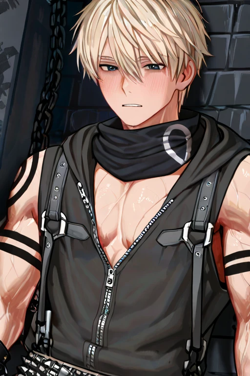 high quality, detailed, Realistic, (19 years old japanese idol slave boy), (detailed blue eyes), (blond short hair), (abs:1.5), (dark shiny skin), (leather bondage), dungeon, harness, (leather tiny thongs:1.4), (bulge:1.2), (detailed nipples), detailed areola, 