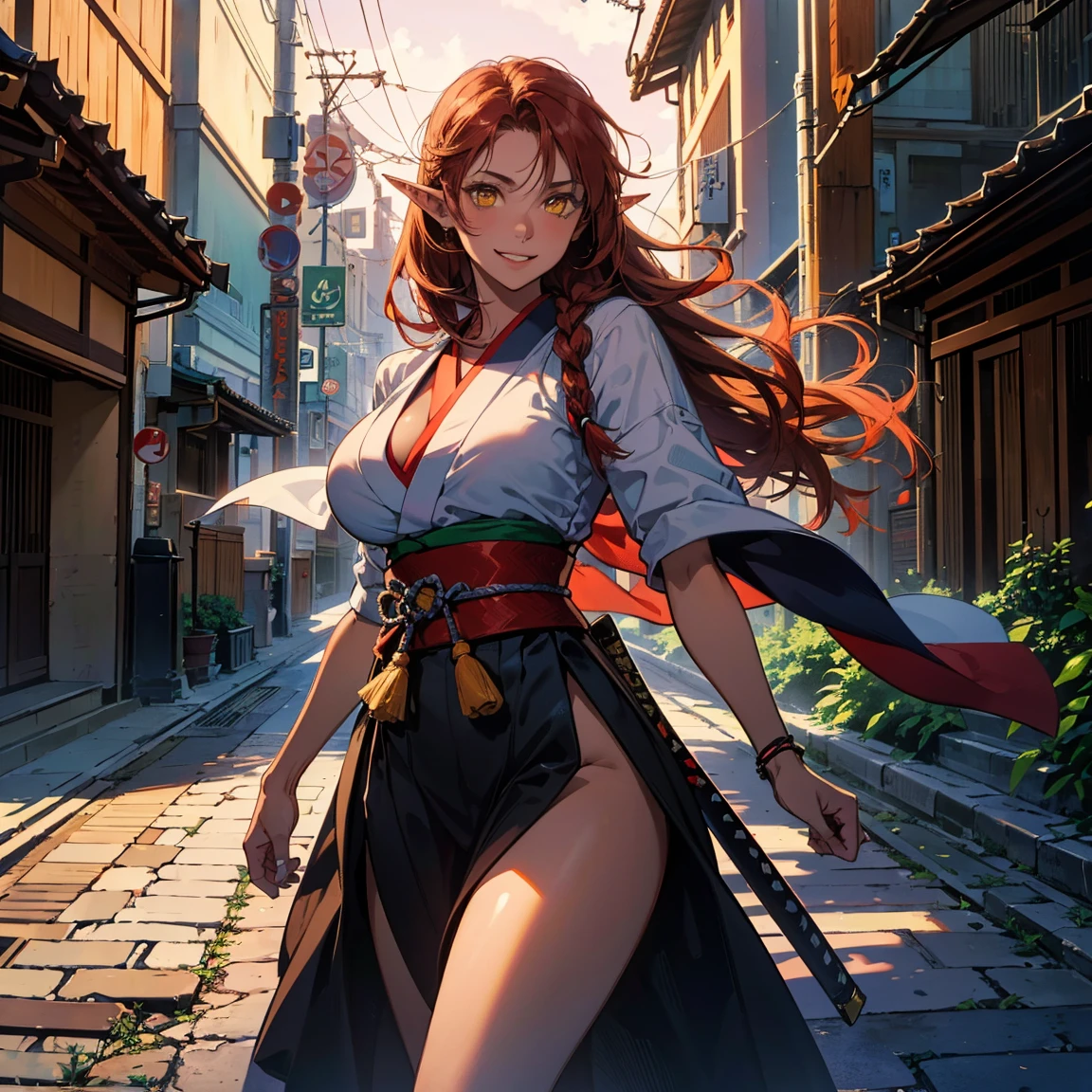 best quality, ultra-detailed, high resolution, extremely detailed cg, anime picture, shiny hair and skin,, dynamic stylish pose, (pov),makima \(chainsaw man\),Red Hair,long hair,golden eyes,kimono,looking at viewer,makeup,lipstick,temptation,white kimono,
