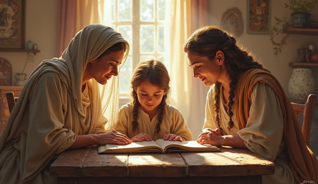 A beautiful adorable little Targaryen Princess with long curly platinum blonde hair, She's 5 years old,her face looks like Emilia Clarke, she's cute and smiling, she's wearing a royal cotton white Dress with net, she's studying with her Septa (A women wearing a Grey purdah with white string on waist) with a Historic book ,photorealistic 