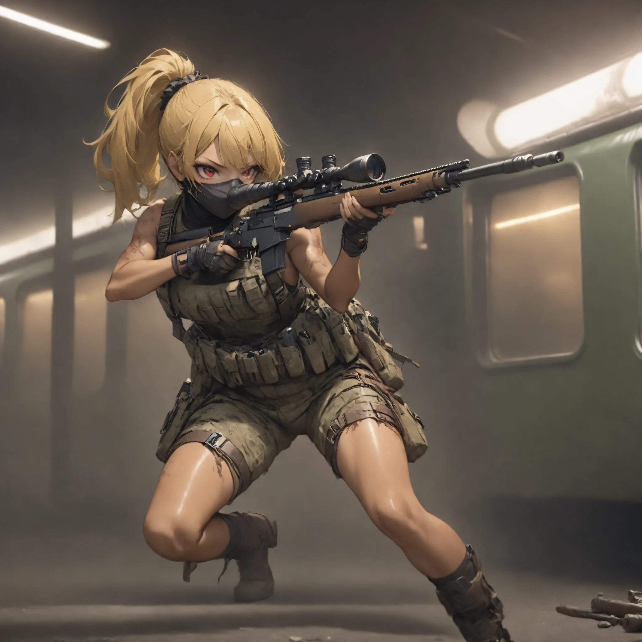 (masterpiece, Highest Quality:1.2), Invincible Girl on the Battlefield, solo,Beautiful Female Sniper、Taking the position of a sniper in a ruined subway 、 Put on a Ghillie suit、Shoot zombies at train stations from inside subway cars 、 anatomically correct posture 、 Tan Leather Tool Belt、Has Lots of Tools、full harness、 perfect eye side by side、 brown skin 、 Movie Lighting Effects , ponytail 、shiny yellow hair 、 Red Eyes、Balaclava