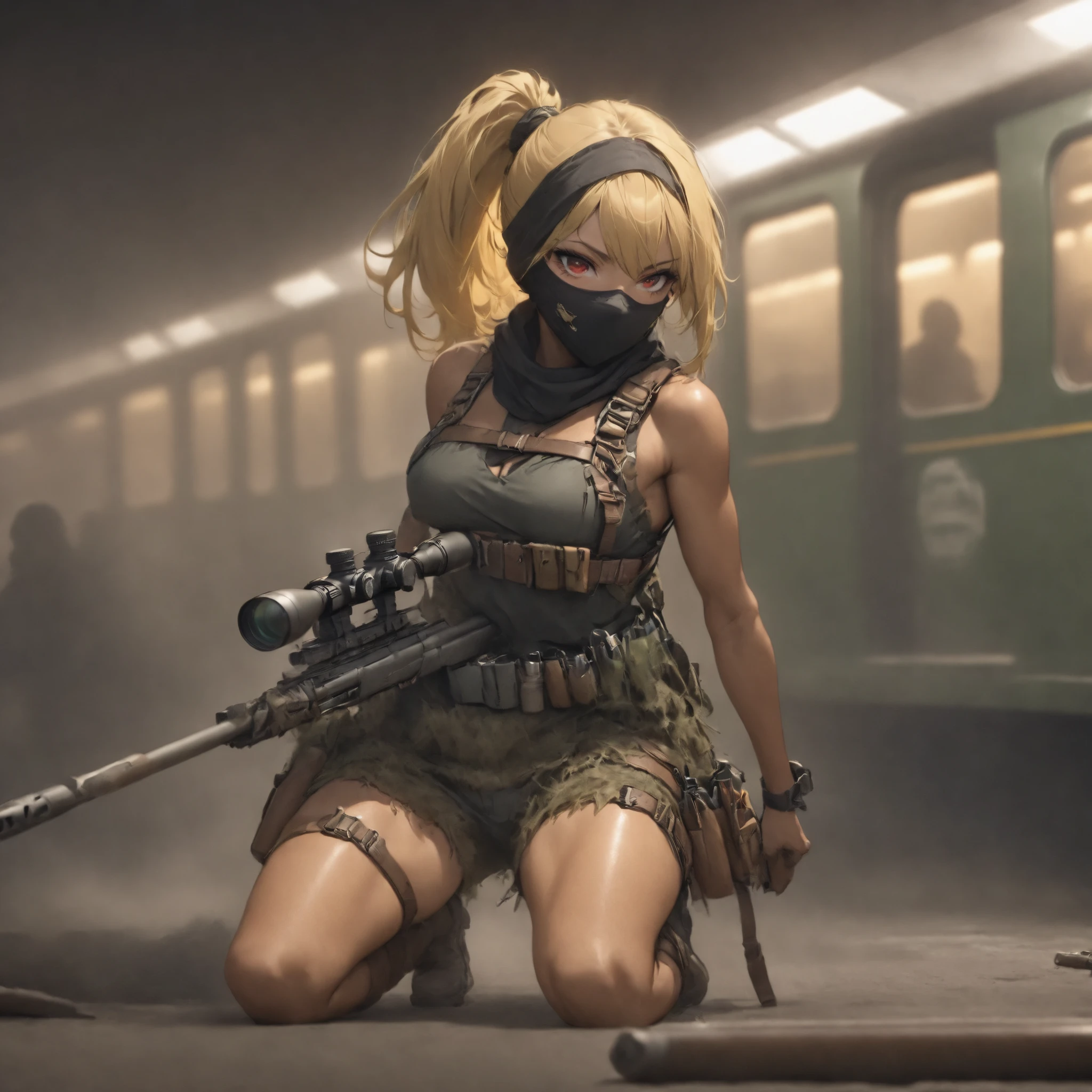 (masterpiece, Highest Quality:1.2), Invincible Girl on the Battlefield, solo,Beautiful Female Sniper、Taking the position of a sniper in a ruined subway 、 Put on a Ghillie suit、Shoot zombies at train stations from inside subway cars 、 anatomically correct posture 、 Tan Leather Tool Belt、Has Lots of Tools、full harness、 perfect eye side by side、 brown skin 、 Movie Lighting Effects , ponytail 、shiny yellow hair 、 Red Eyes、Balaclava