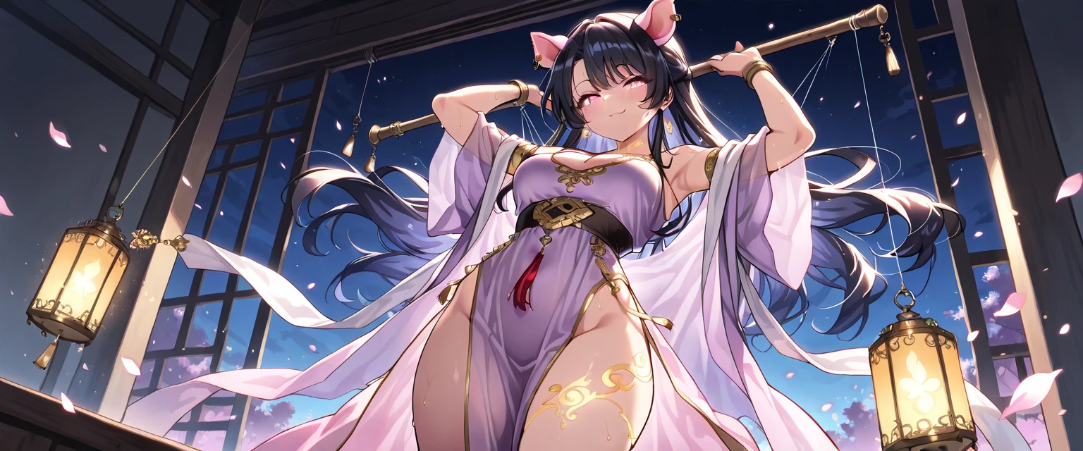 masterpiece, best quality, beautiful art, high resolution, well formed hands, body and fingers, 1 woman, solo, Lin Xiao Mei, cat ears and cat tail, hair ornament,  adult, grown up, big breasted, cleavage,  full body, braided long hair, blue_japanese_clothes, wearing DOA Kasumi's blue kunoichi dress, sexy and skimpy japanese clothes, kimono peek, sleeveless, white stockings, gorgeous legs and thighs, dancing seductively and erotically, turning backwards and forwards, showing her back and front, showing her butt, t-back,, white thong, smiling joyfully, looking at the viewer, flirting, beach environment 