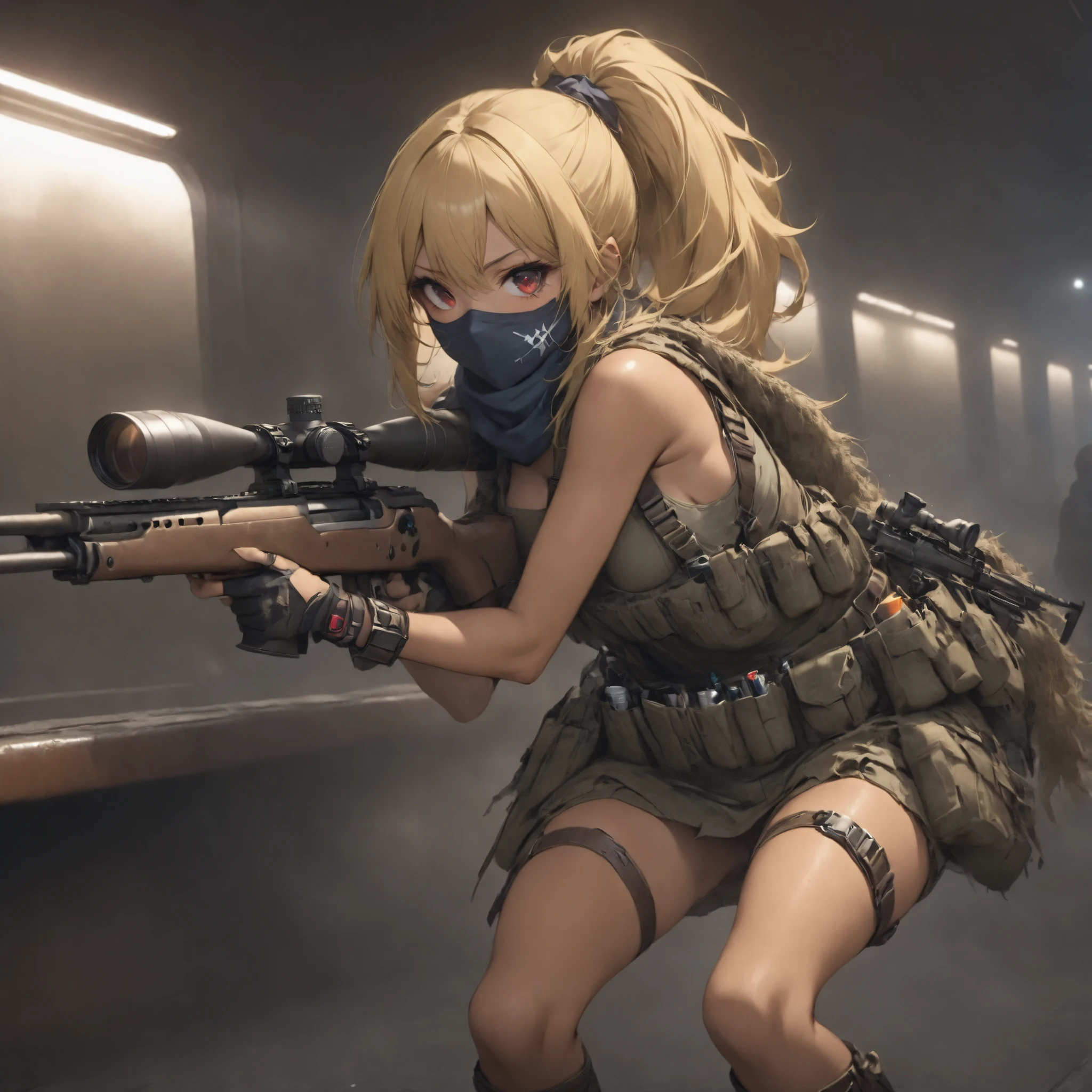 (masterpiece, Highest Quality:1.2), Invincible Girl on the Battlefield, solo,Beautiful Female Sniper、Taking the position of a sniper in a ruined subway 、 Put on a Ghillie suit、Shoot zombies at train stations from inside subway cars 、 anatomically correct posture 、 Tan Leather Tool Belt、Has Lots of Tools、full harness、 perfect eye side by side、 brown skin 、 Movie Lighting Effects , ponytail 、shiny yellow hair 、 Red Eyes、Balaclava