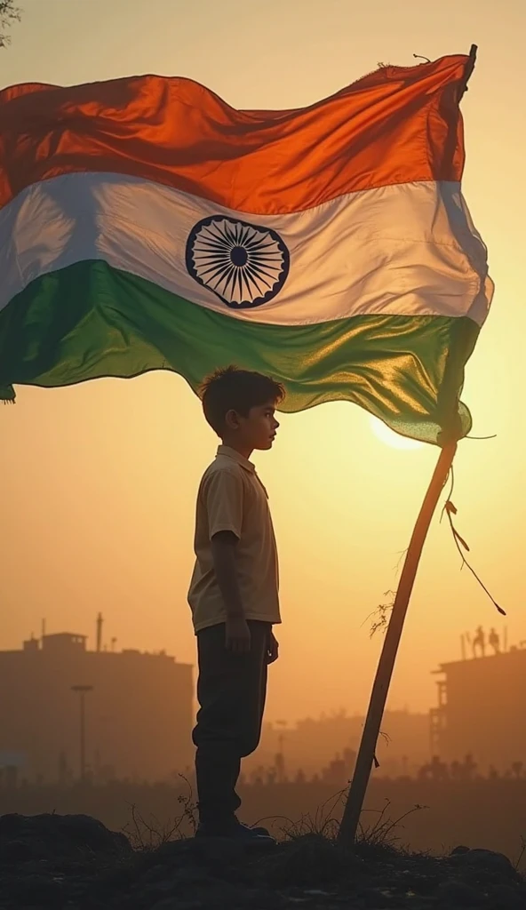 Indian flag with nature in hand of a child who is in getup of shiva in rain