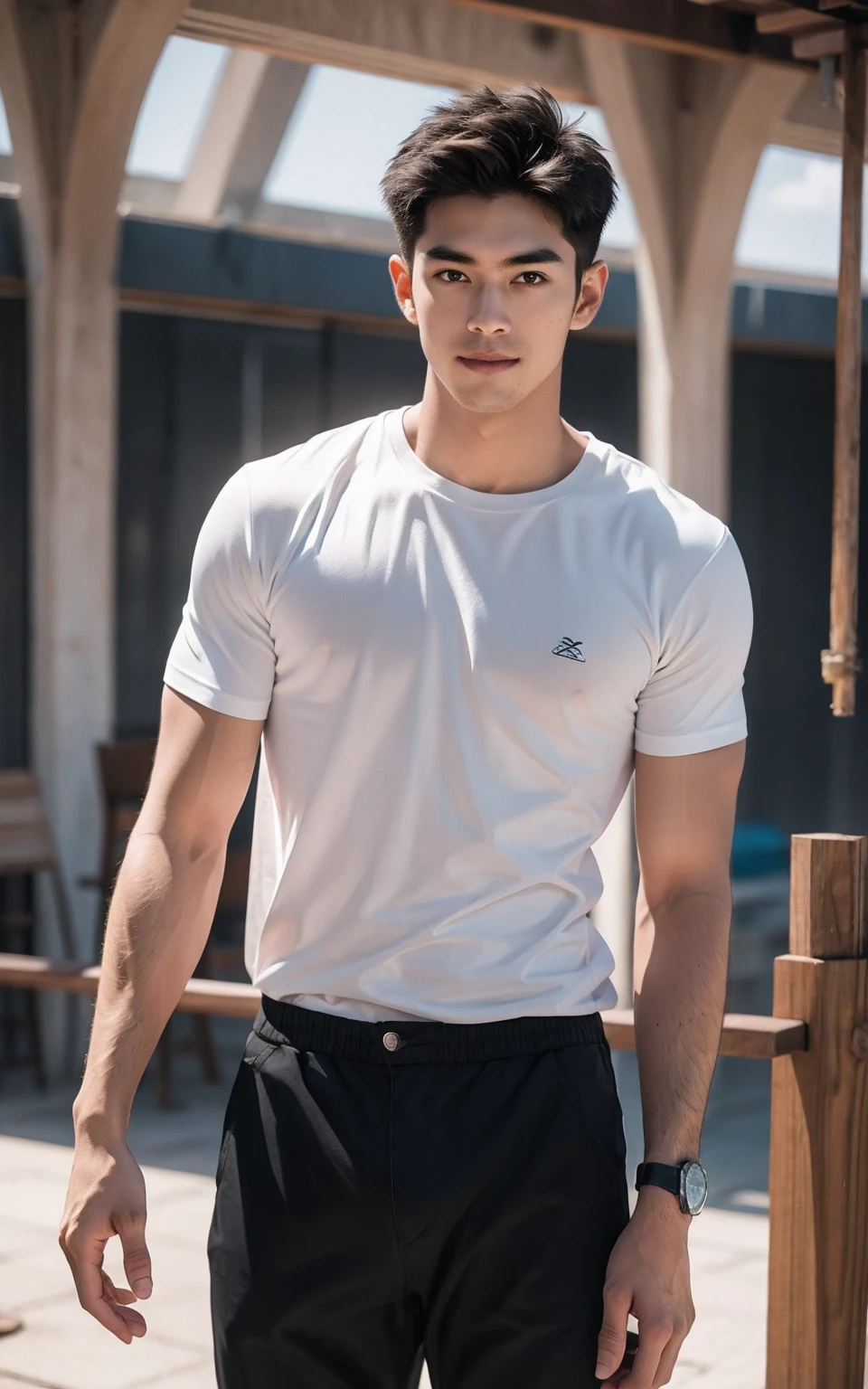 man , Raise your arms behind your back. , white t-shirt, black short hair , outdoor , cute smile , หน้าhandsomeแบบเกาหลีสมจริง , modest muscles , Masterpiece、High resolution、Surreal、detailed face、alone、man、Glowing skin、(Asia)、handsome、Detailed background