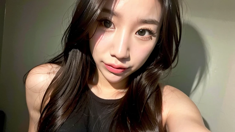highest quality,masterpiece,Ultra-high resolution,(Realistic:1.4),Beautiful lighting, (Highly detailed CG Unity 8k wallpaper), Beautiful face in every detail,Detailed clothing, 50mm portrait photography, One Girl,Big black eyes, cute, young, stop temporarily, Facial Lighting, Physically Based Rendering,Written boundary depth , Black Hair,Medium Hair,(Serious face), ((Take from above)), Japanese women、20-year-old、White Shirt、(Big Breasts),In front of the locker、Young and beautiful woman taking a selfie, Taken with iPhone camera,