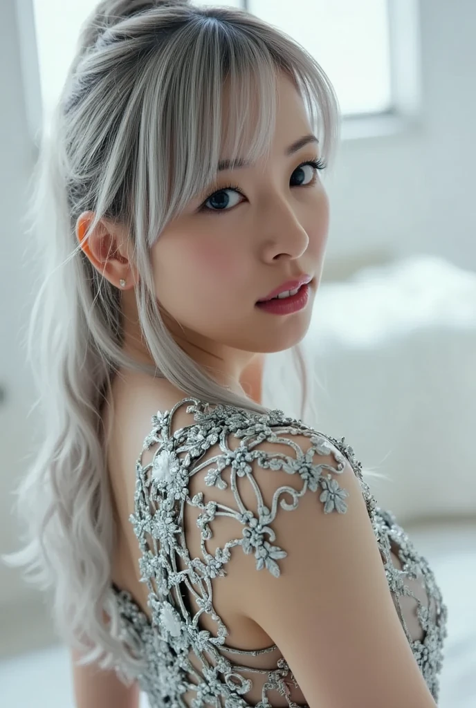 1 girl, whole body:1.2, perfect anatomy, very detailed顔と目,, (blue eyes), gray hair:1.7,smile:0.3, 28 years old, muscular:1.5, (earrings,good:1.5, white mini skirt), blurred background, ( 8K students, photorealism:1.5, masterpiece, heightens, at night, midnight, dark, rtx, realistic照明, Photos taken in modern Japan, very detailed流れる髪, realistic hair, realistic shadow, disorganized, very detailed, 4K, (green eyes), (beautiful girl: 1.4), (masterpiece),ultra detail, (highest quality), (ultra high resolution), (masterpiece), realistic:1.3, smile, balanced pupil, symmetical pupil and iris,Chromatic_aberration:0.8, dynamic_color_range, lens_Twist:0.7, Holding lanterns,delicate hands, sexy adult woman:1.25