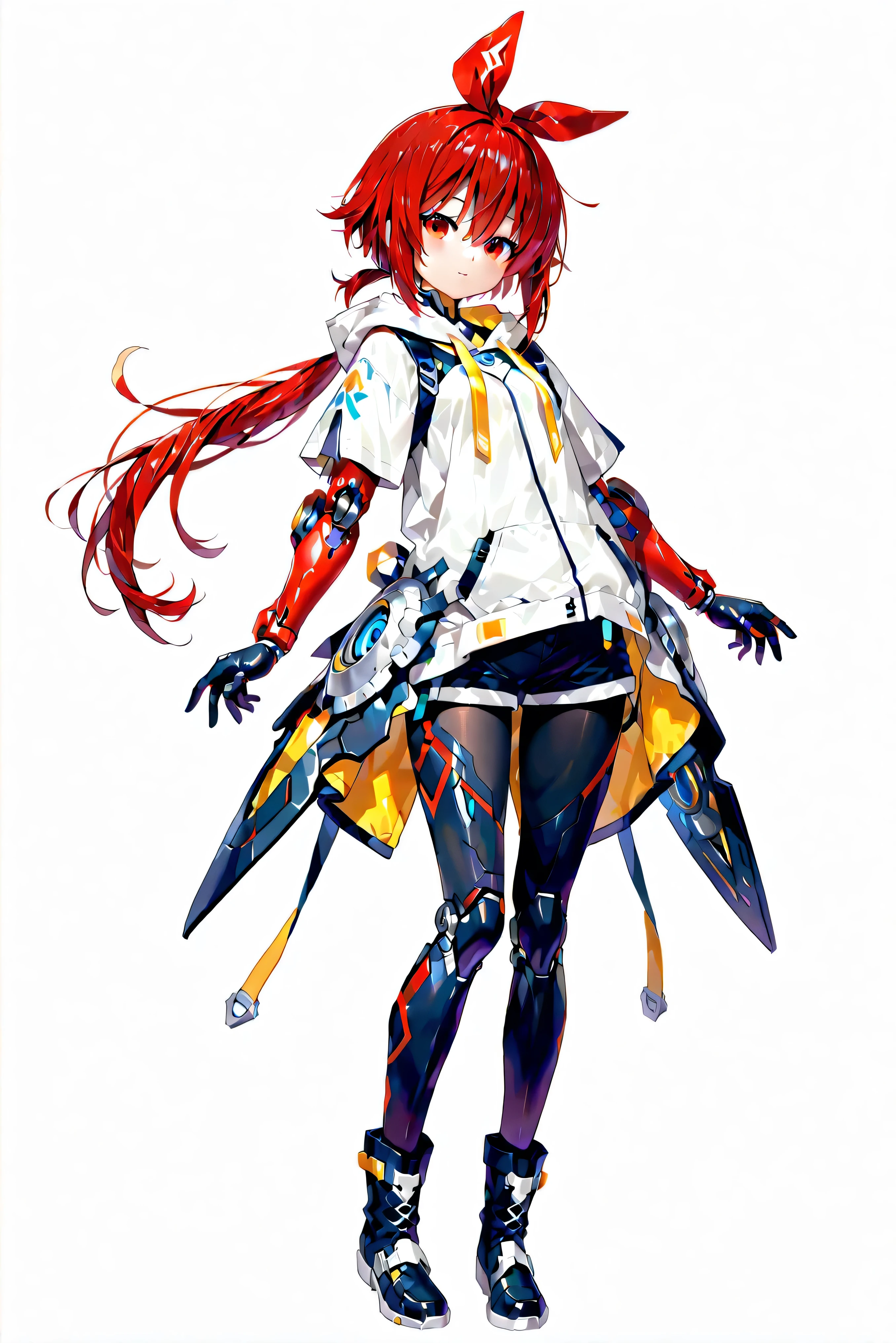 high resolution、High Quality、detailed, solo、 simple eyes 、girl、SHOULDER HOODED SHORT SLEEVE HOODIE、casual outfit、Thick-soled boots、black pantyhose、low ponytail、Clothes modeled after the galaxy、shorts that touch clothes、The right hand and right arm are prosthetic、left hand is bare、 biopunk, Game cg,, nendoroid、stylish pose、Impressive angle、Robot Armor Suit、SHOOT ELECTRIC、white background、full body