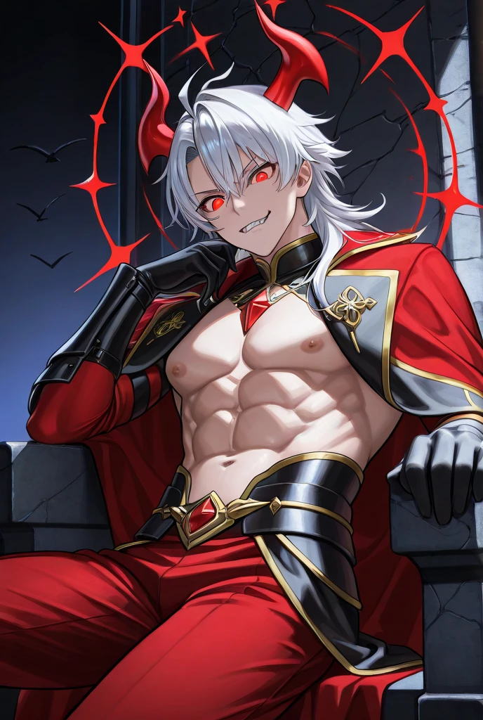"Stunningly detailed anime sketch of a solo ((muscular)) ((handsome)) ((dark-skinned)) demon boy with short white hair and red eyes. He exudes maturity and has striking red and black crown-like horns. Dressed in demonic fantasy clothes, including a black capelet and a red and black demonic aura, he resembles a dark prince."