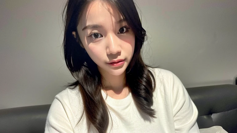 realistic photos of (1 cute Korean star) ahoge, white skin, thin makeup, 32 inch breasts size, slightly smile, wearing brown vest, pants, walking in the countryside, selfie, sunset light, close-up, 16k