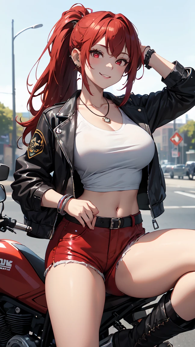 masterpiece), (best quality), (ultra-detailed) 1girl, ray tracing, vibrant colors, girl, masterpiece, sharp focus, best quality, depth of field, cinematic lighting, detailed outfit, perfect eyes, rich in details and textures, red hair, very long hair, hazel eyes, hair between eyes, colored inner hair, bra, biker shorts, thong, leather jacket, ponytail braid, belly button, thick thighs, detailed face, outdoors, motorbike in background, holding helmet