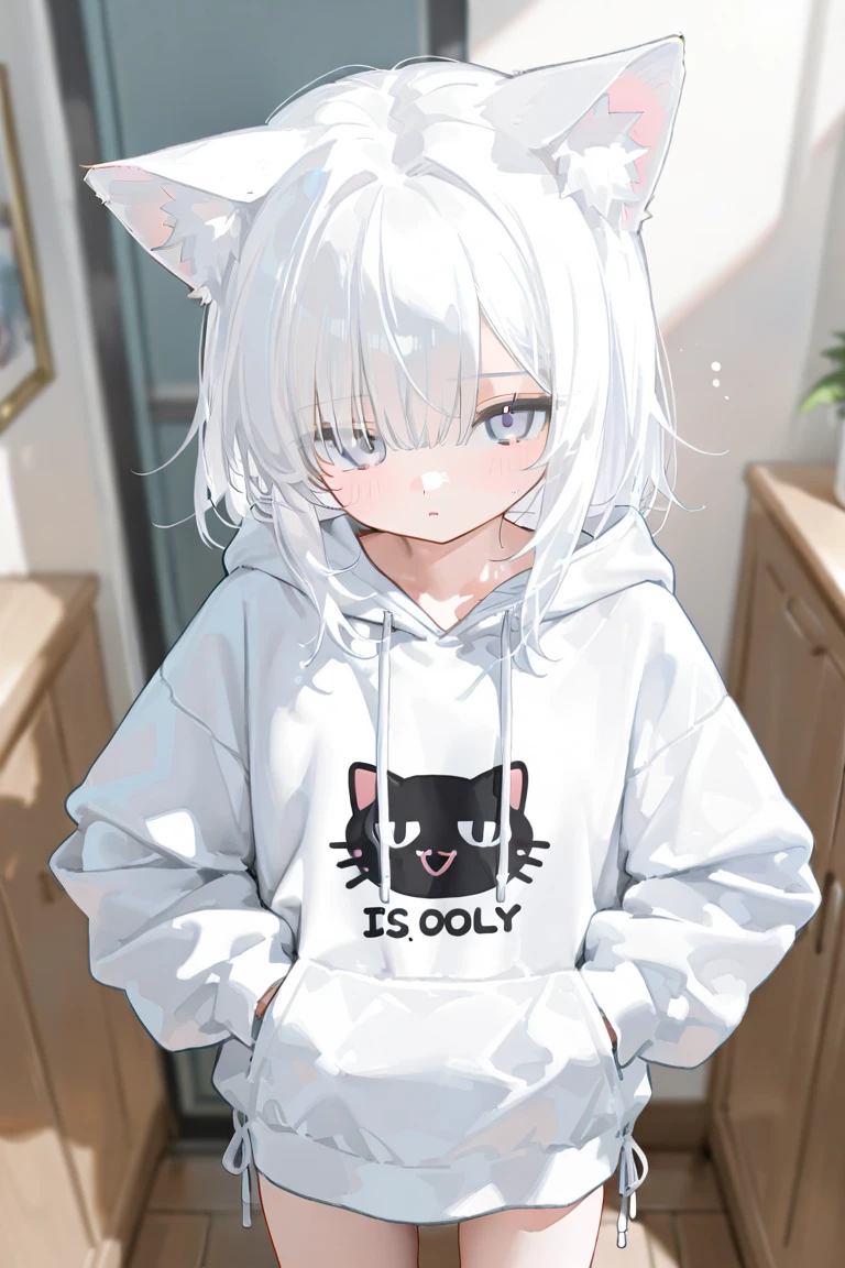 best quality, ultra precision, 1girl, cute, little girl, young, boyish, childish, small breasts, silver hair, cat ears, blue eyes, beautiful eyes, girl, ???????, sailor collar, estrus, metestrus, start to undress, naughty mood, she loves you, lost virgin, virgin, blush, beautiful skin, big bow on chest I'm not wearing panties BLUE SWEATER, BLACK SHIRT, SHIRT UNDER SWEATER, OFF SHOULDER TOP) Tsundere