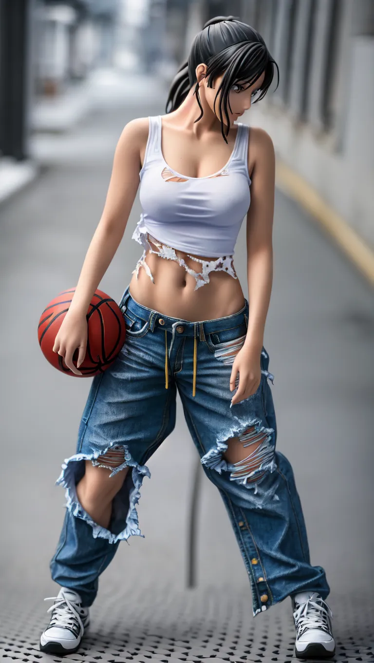 a gorgeous 10 year-old girl, straight blonde hair, t-shirt, ripped jeans, sunglasses on head, holding a basketball, extremely detailed, 4k, perfect face