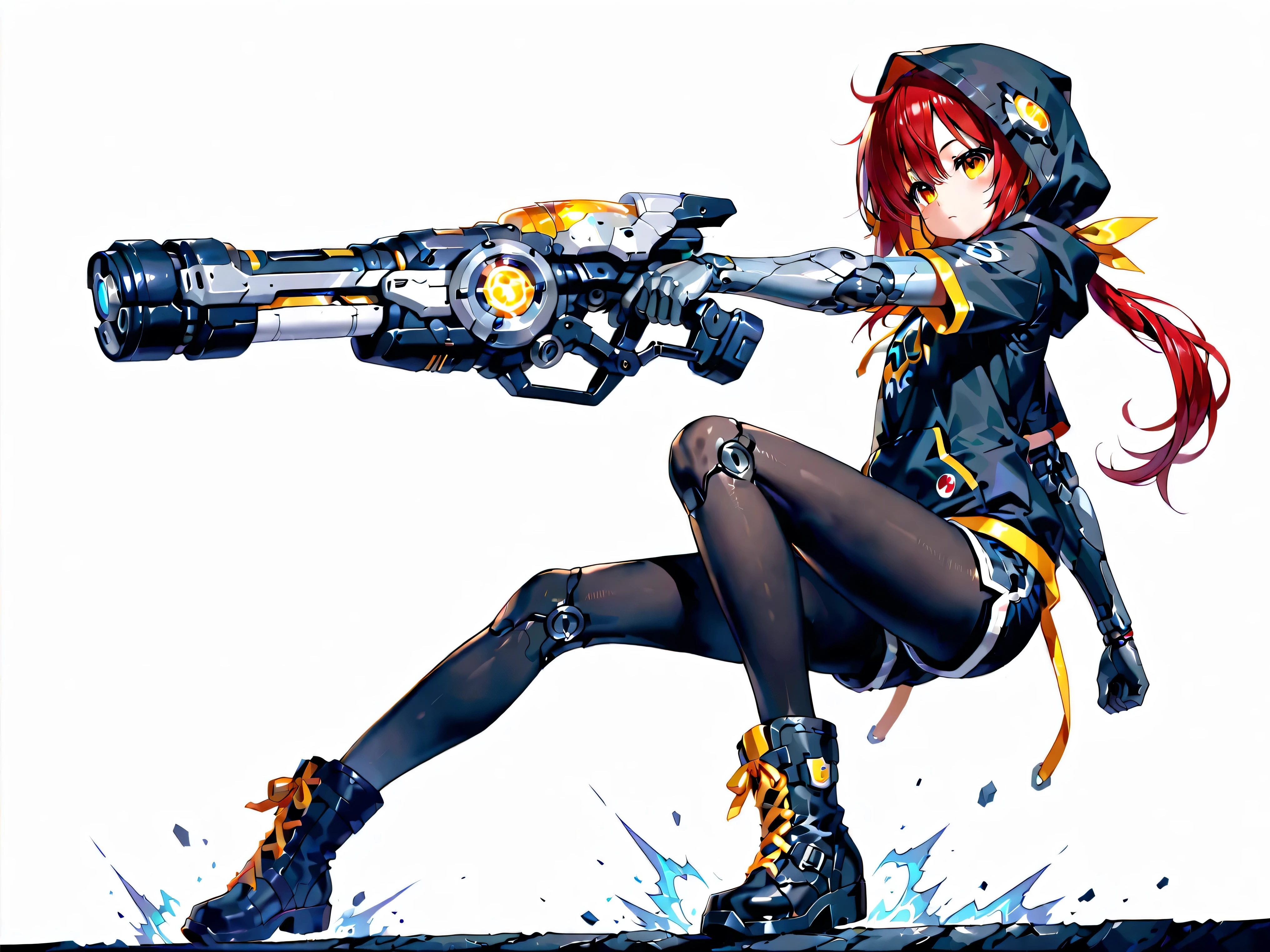 high resolution、High Quality、detailed, solo、 simple eyes    、girl、SHOULDER HOODED SHORT SLEEVE HOODIE、casual outfit、Thick-soled boots、black pantyhose、low ponytail、Clothes modeled after the galaxy、shorts that touch clothes、The right hand and right arm are prosthetic、left hand is bare、 biopunk, Game cg,, nendoroid、stylish pose、Impressive angle、Robot Armor Suit、SHOOT ELECTRIC、white background、full body