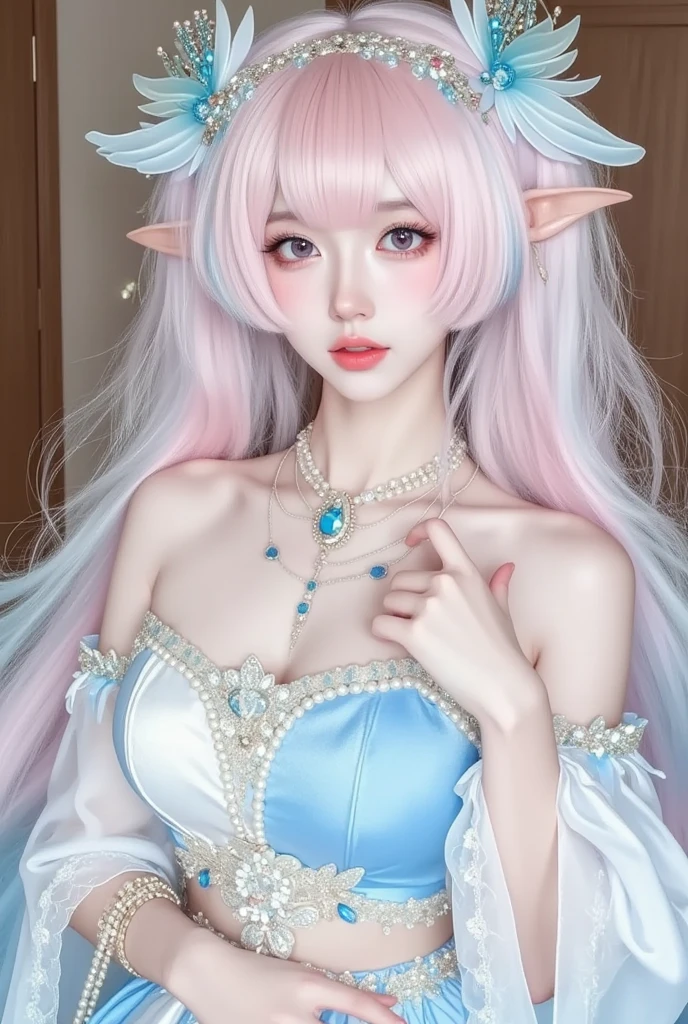 (Fluorescent color: 1.4), (Translucent: 1.4), (Vintage filter: 1.4), (Fantasy: 1.4), Candy World Disneyland Ethereal Soft Fluffy Soft Landscape Forest Snowflake Pale Pink Sky Green Blue Hair, ((Coiled Hair)), Light Blue, Sparkling Ethereal Light Soft Whimsical Light Diamond Sparkle Gemstone Background Ultra Realistic Ultra-high quality cinematic lighting Huge details Full HD painting Well lit, diagonal bangs,
Collared dress, sides
Masterpiece, Best Quality, Real Skin, (Portrait: 1.5), 1 Girl, Blunt Bangs, Long Hair, Sea of Flowers, Smell Flowers, Wear Flowers on Head, (((Smile)), (Red Lipstick), Blush, (Blush), ((Shy)), Eyelashes, Eyeliner, Makeup, Short Hair, ((Elf Ears)), Laugh, (White Teeth), ((Tongue Out))